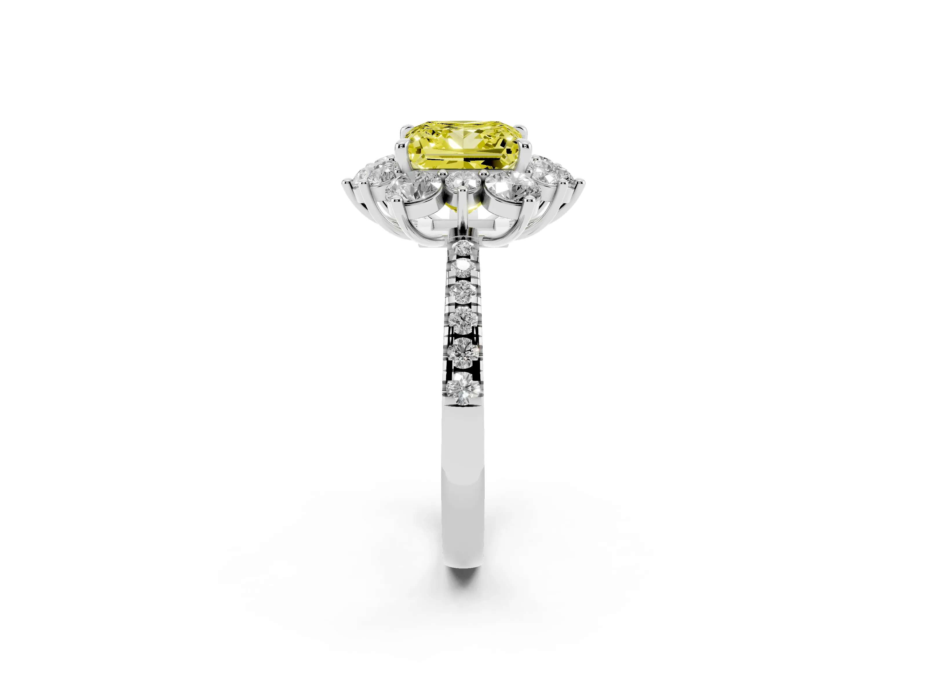 Fancy Yellow Princess Cut Diamond Floral Halo Ring Set in Platinum with Round Pavé Band and Prong Setting