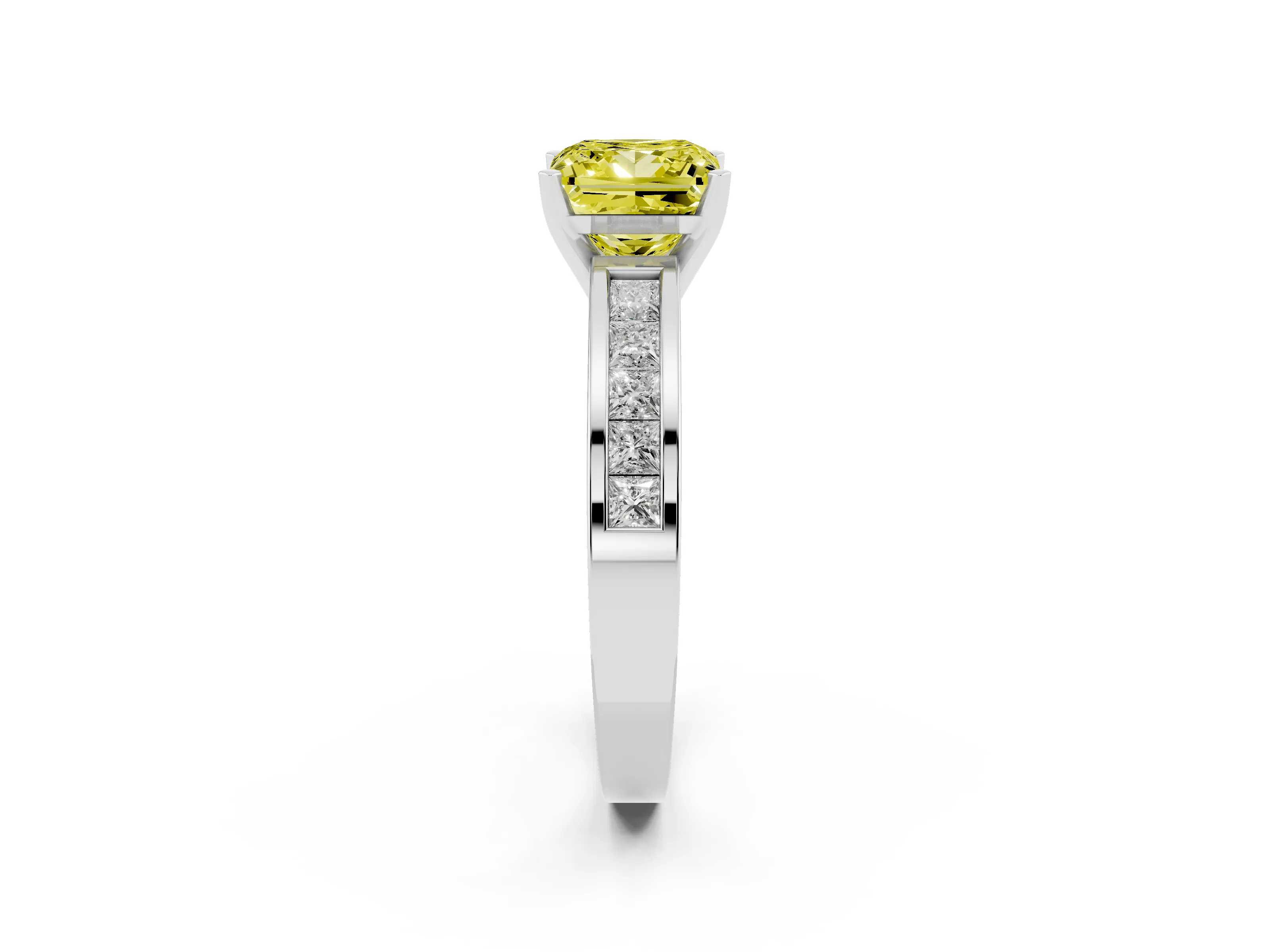 Fancy Yellow Princess Cut Diamond Solitaire Ring Set in Silver with Channel-Set Band and Prong Setting
