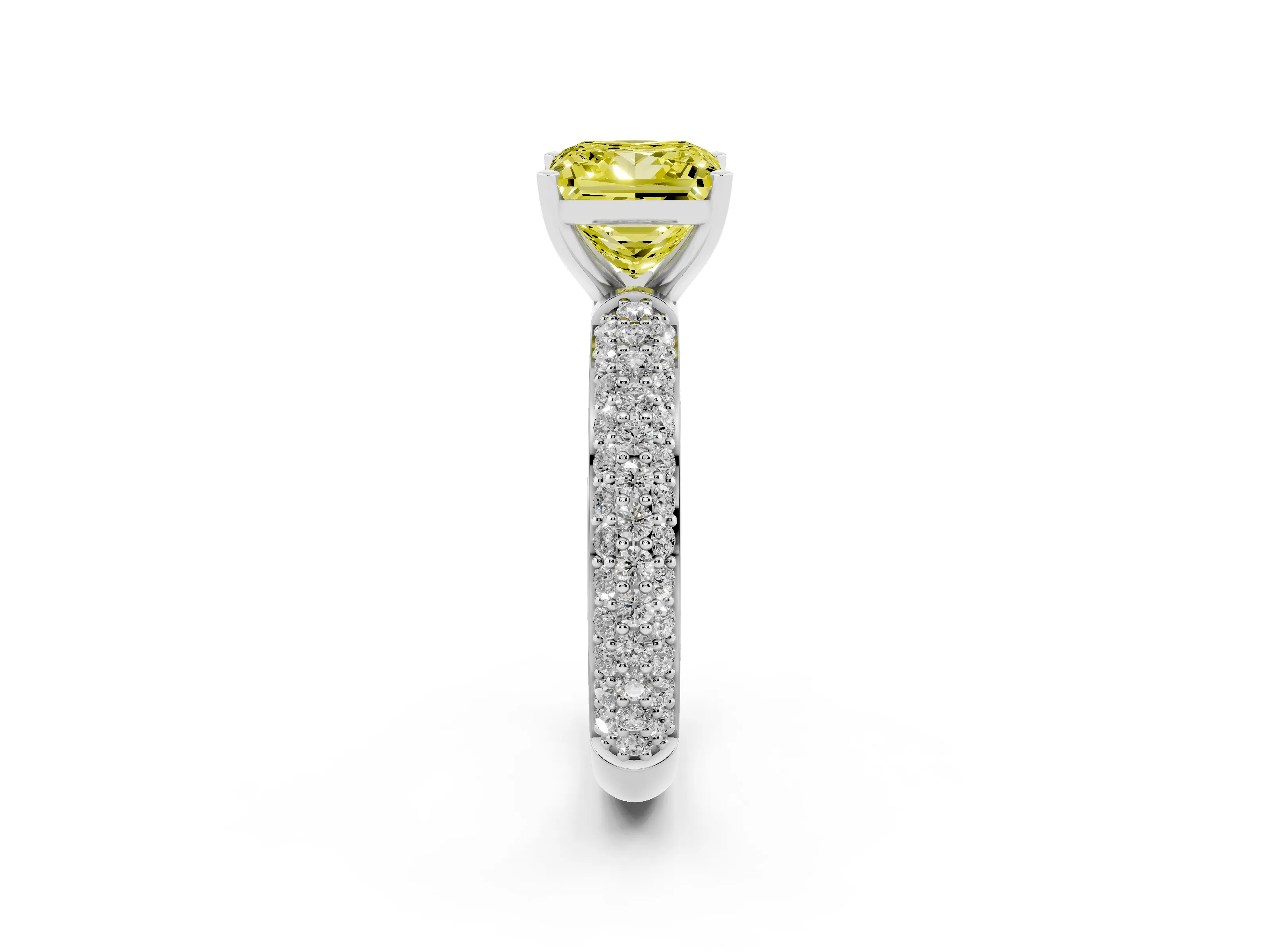 Fancy Yellow Princess Cut Diamond Solitaire Ring Set in Platinum with Prong Setting and Pavé-Set Band
