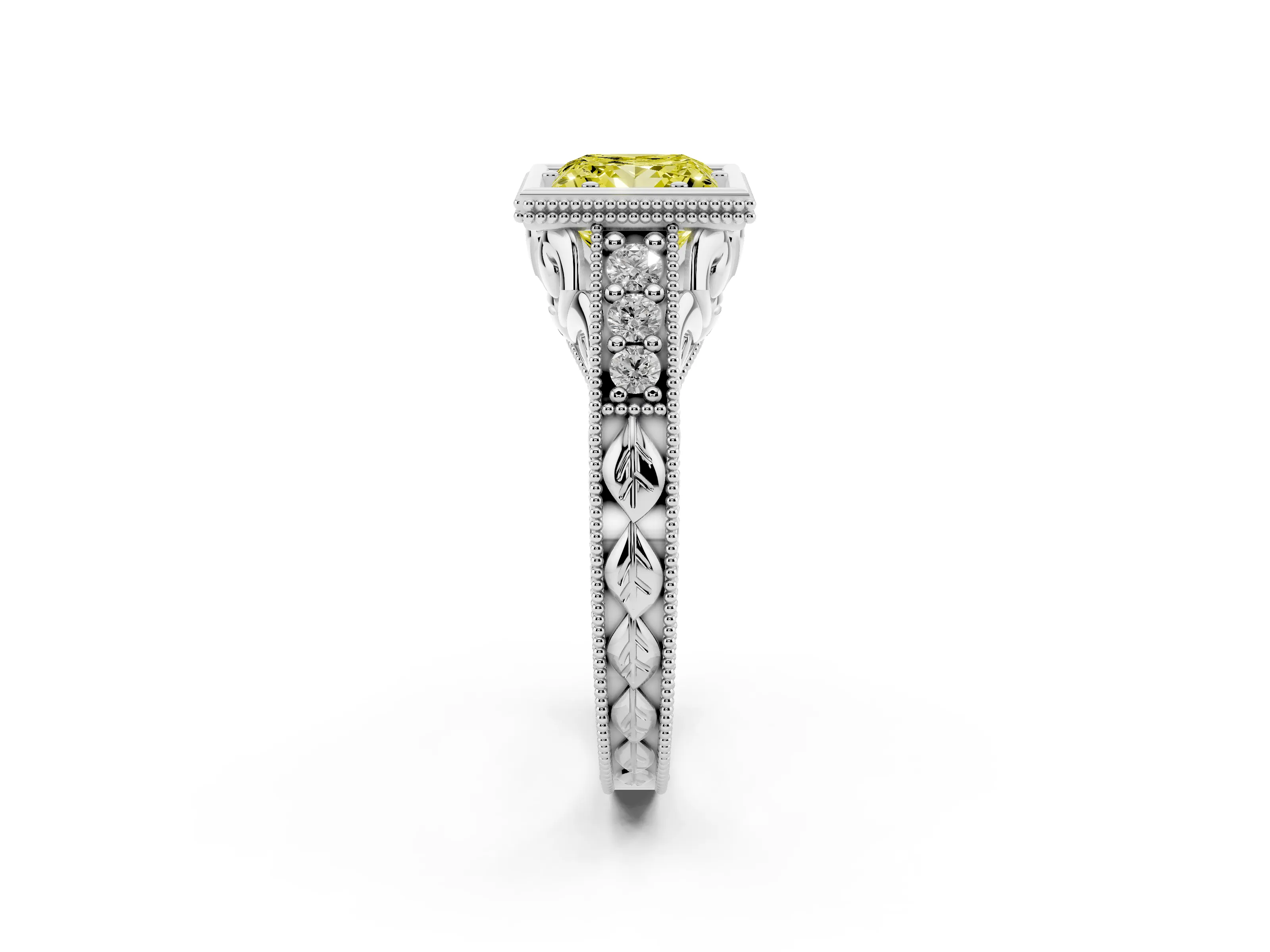 Fancy Yellow Bezel Set Princess Cut Diamond Milgrain Pavé Engagement Ring Set in Platinum