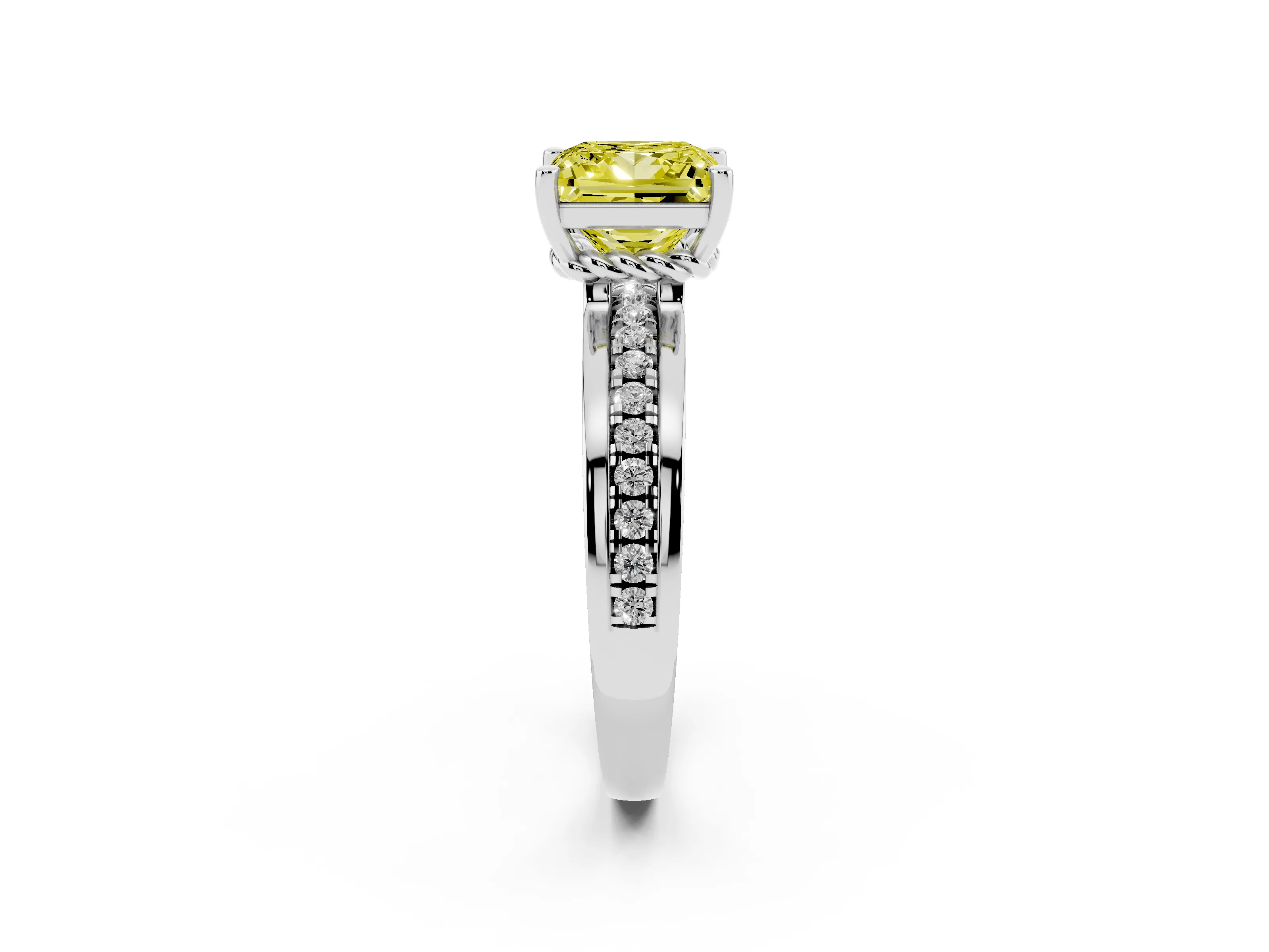 Fancy Yellow Princess Cut Diamond Solitaire Ring Set in White gold with Channel Set Band and Prong Setting