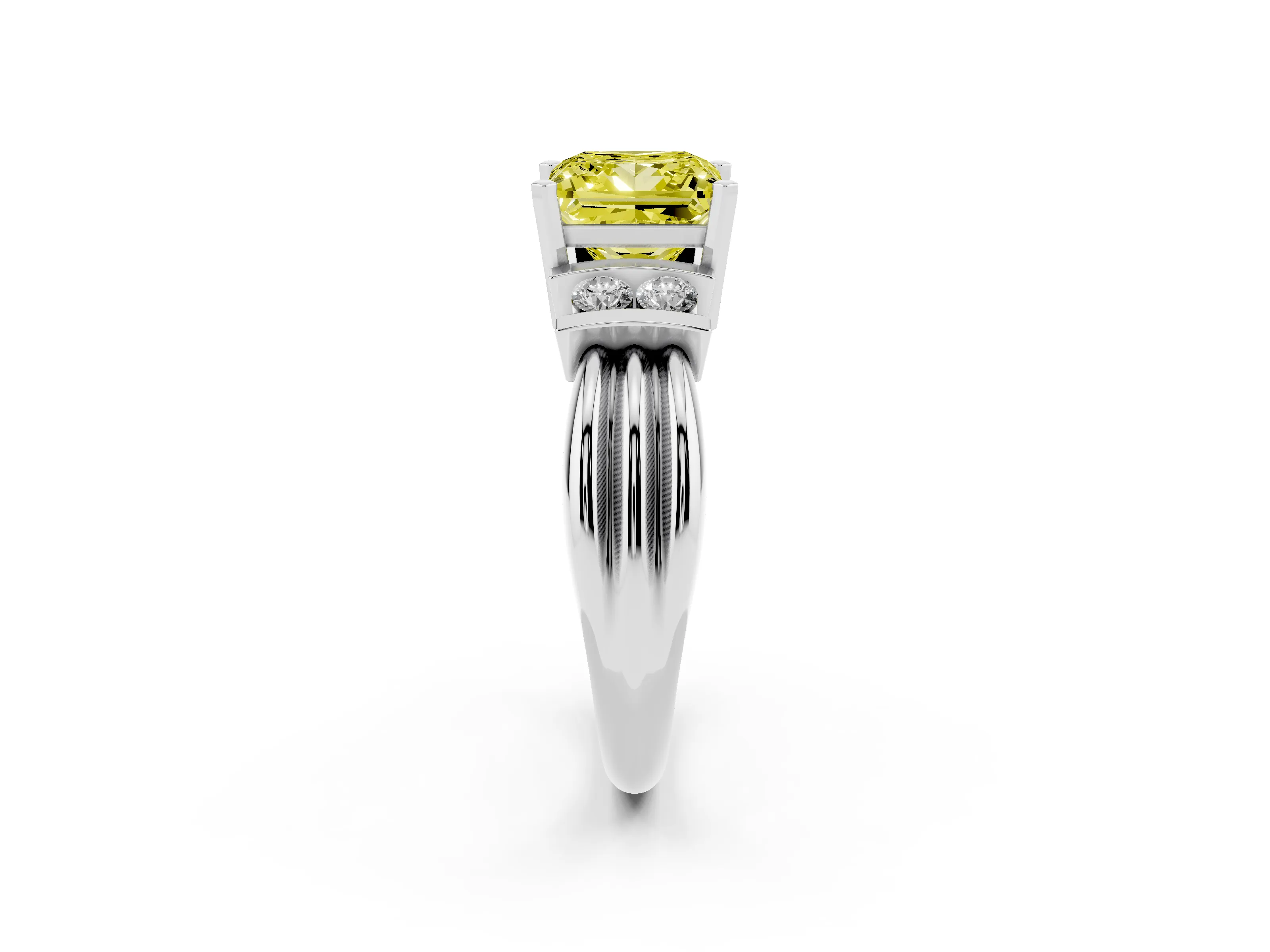 Fancy Yellow Three-Stone Princess Cut Diamond Channel Set Ring Set in Silver with Bar Prongs