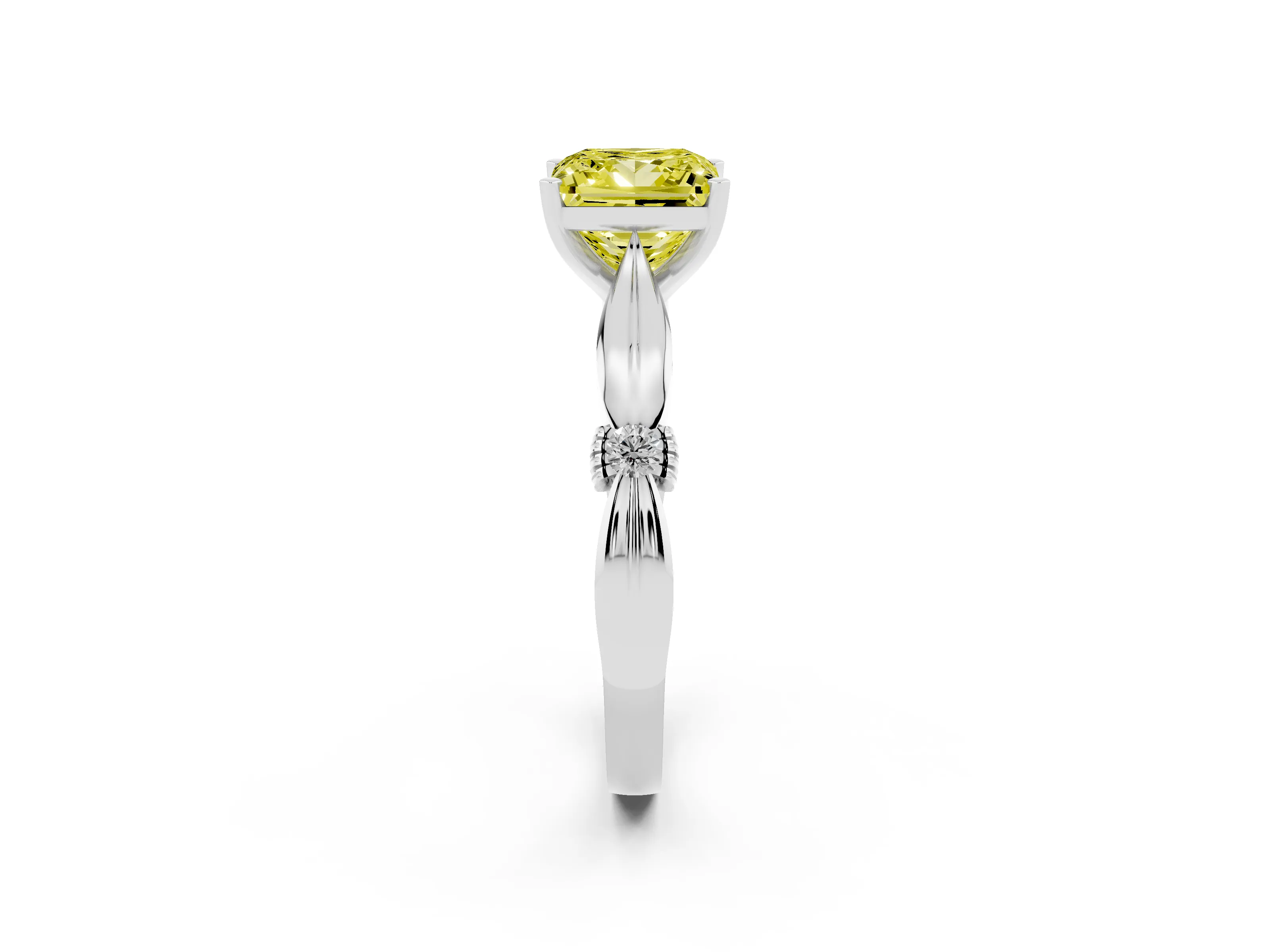 Fancy Yellow Princess Cut Diamond Solitaire Twisted Band Ring Set in Silver with Accent Stones and Prong Setting
