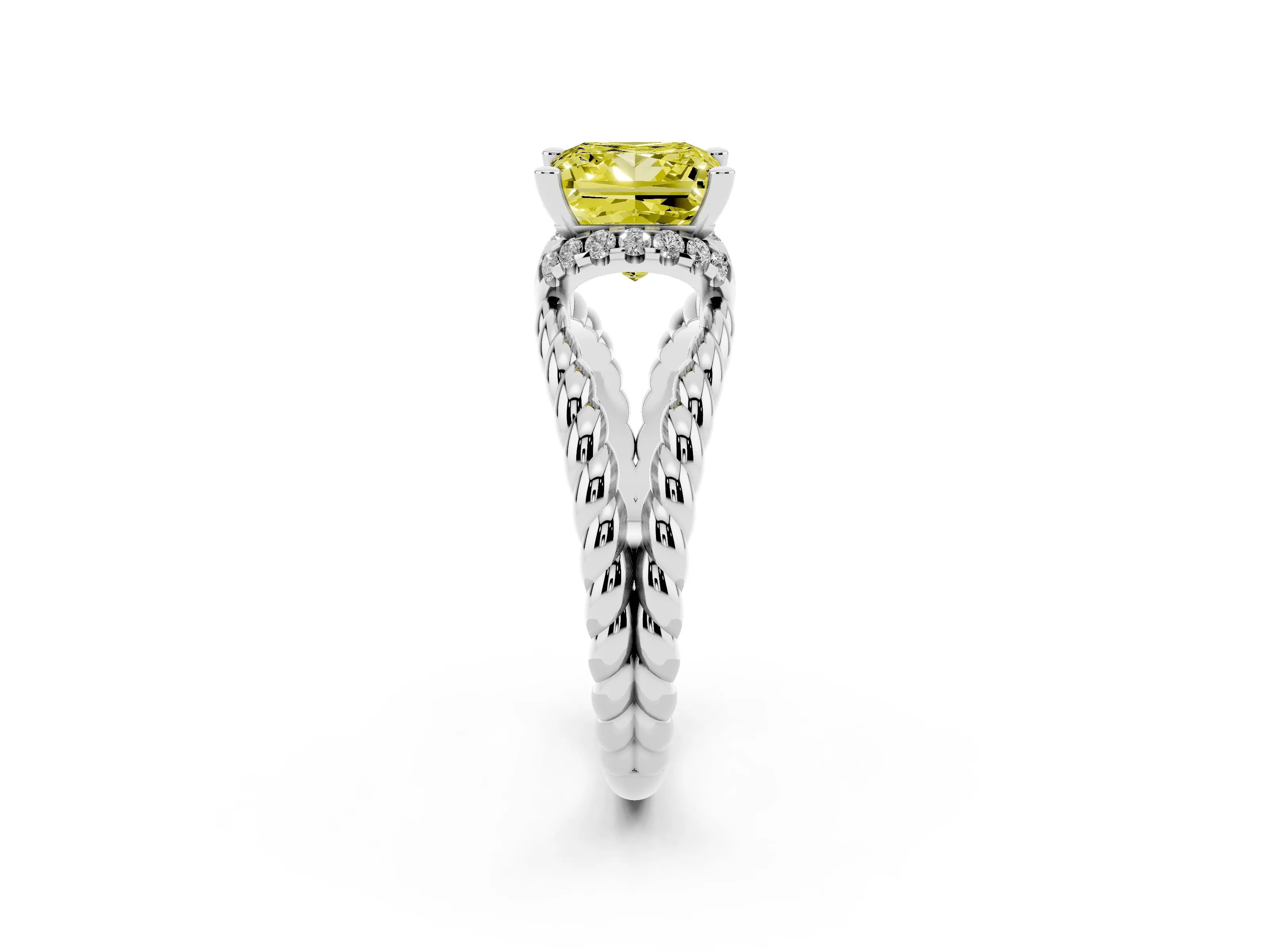 Fancy Yellow Princess Cut Diamond Halo Ring Set in White gold with Twisted Band and Prong Setting