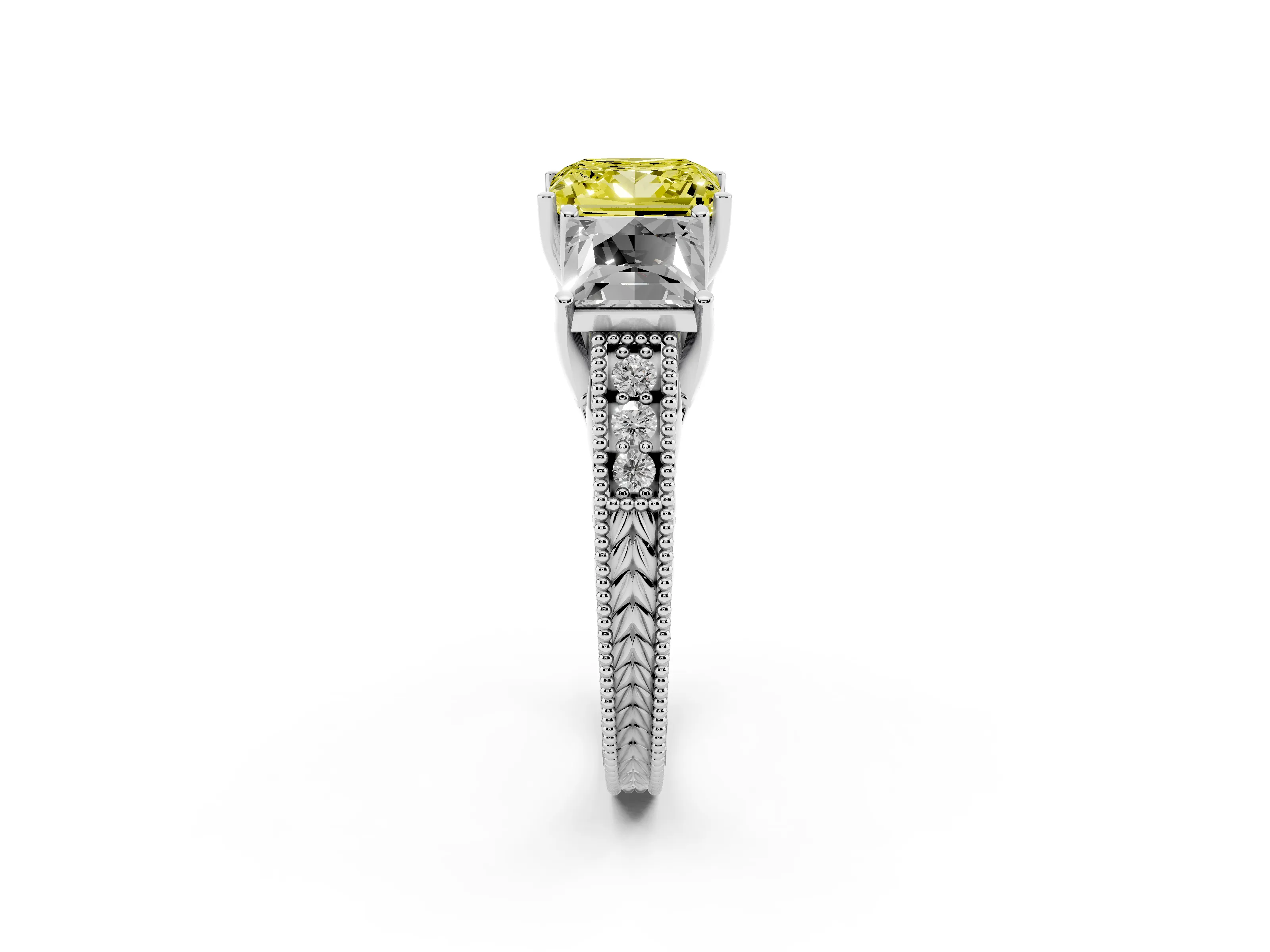 Fancy Yellow Princess Cut Diamond Three-Stone Engagement Ring Set in White gold with Milgrain Pavé Band