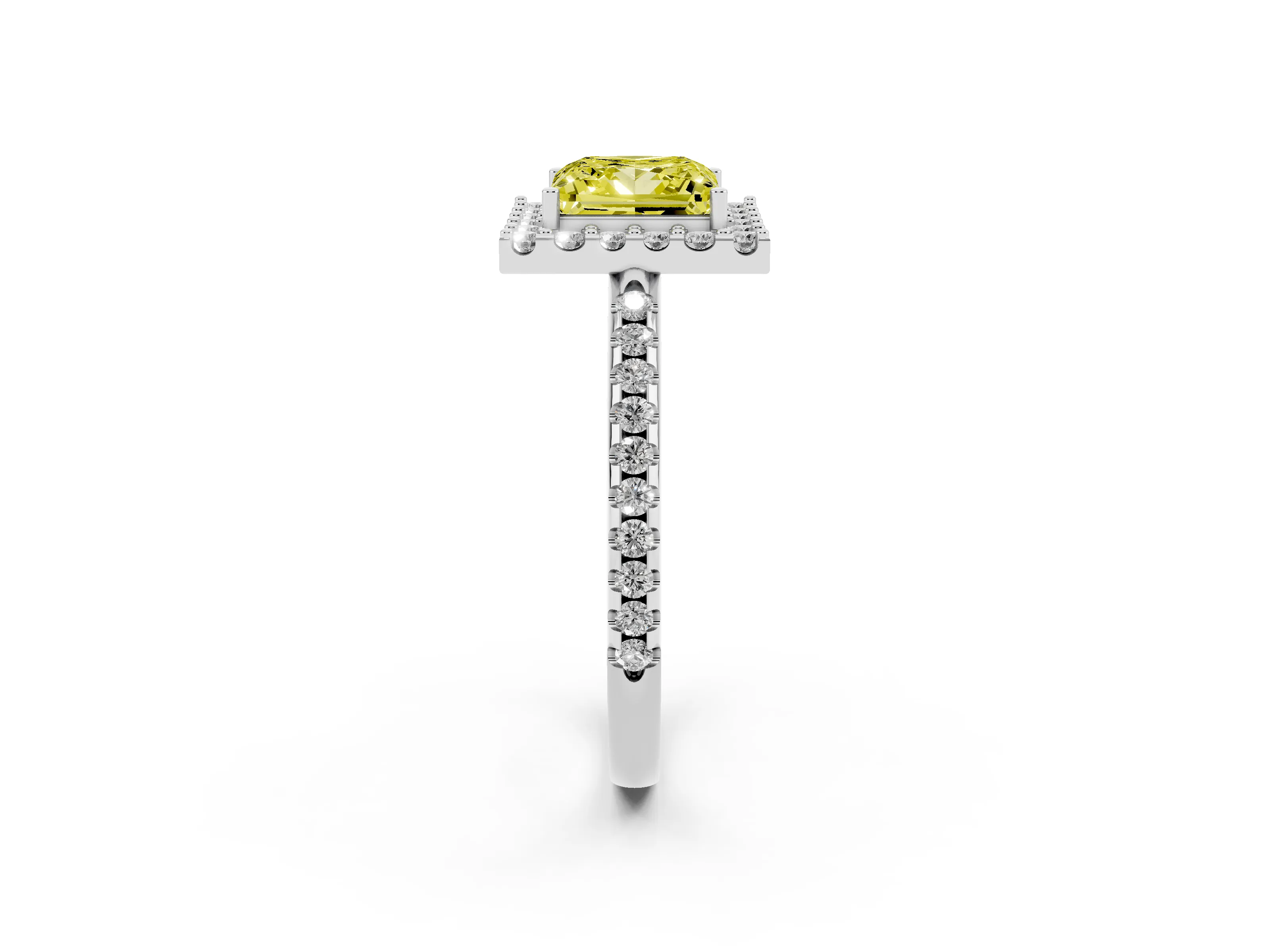 Fancy Yellow Princess Cut Diamond Pavé Halo Ring Set in Platinum with Prong Setting