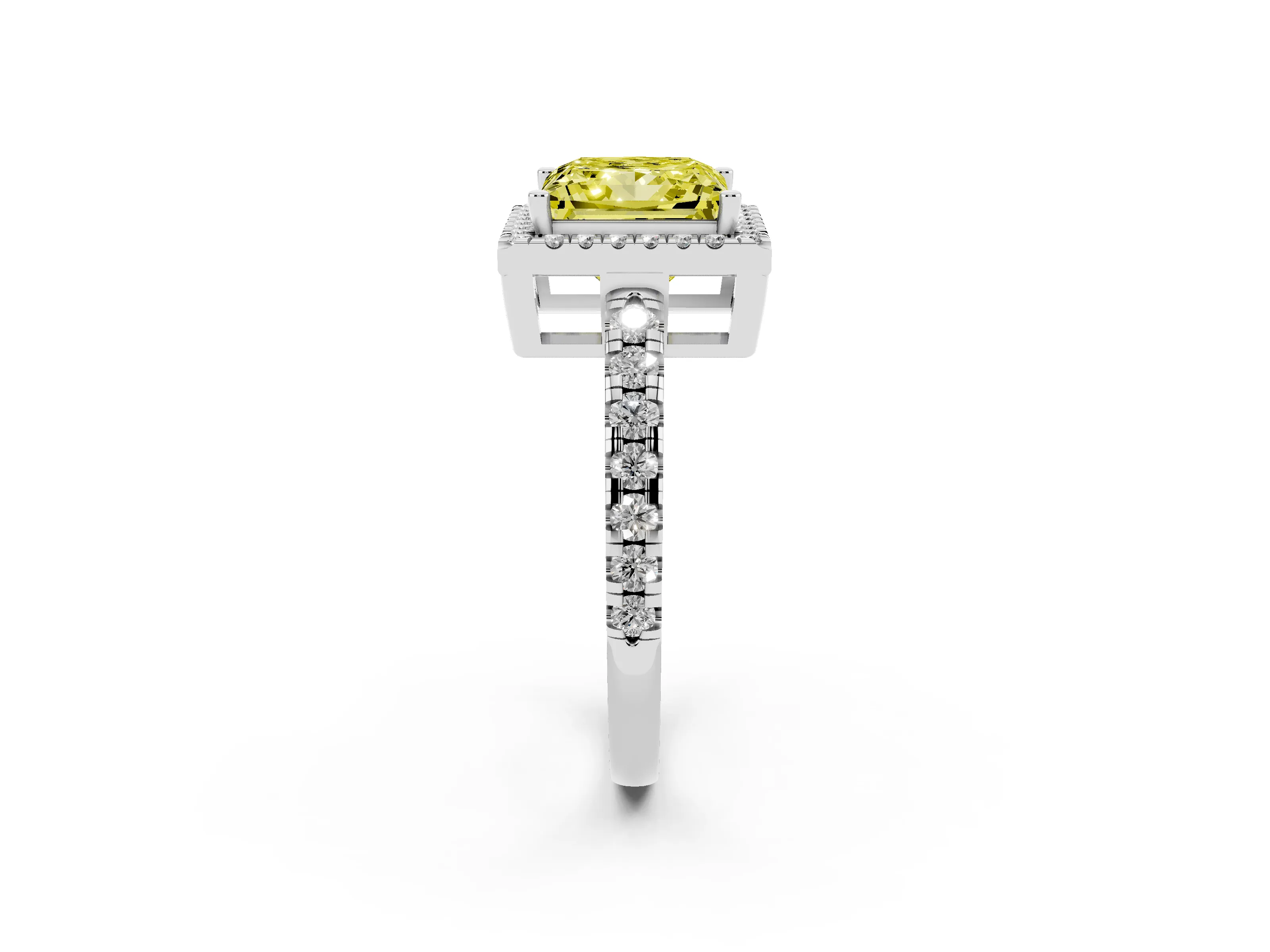 Fancy Yellow Princess Cut Diamond Halo Ring Set in Silver with Delicate Pavé Band and Prong Setting