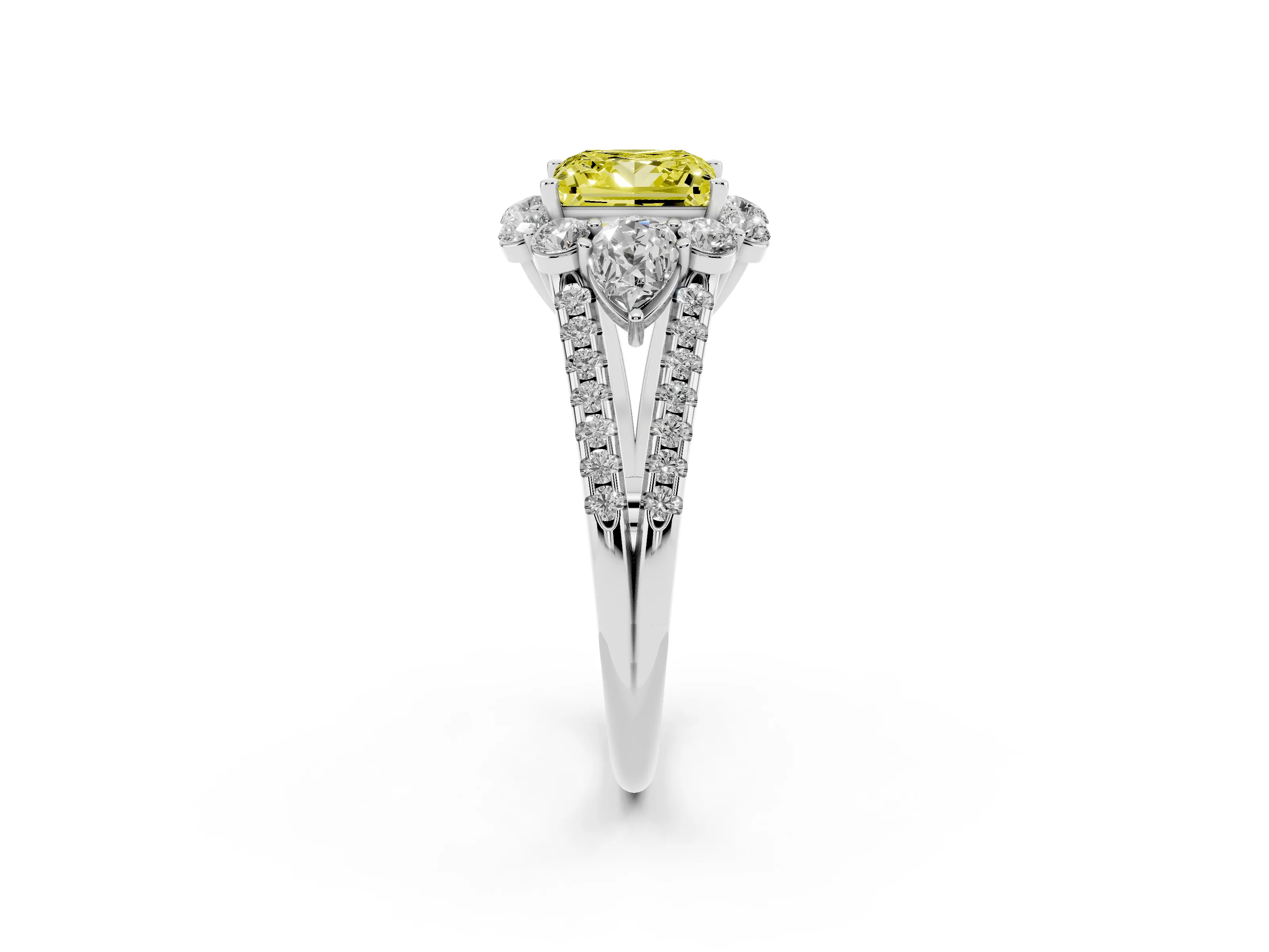 Fancy Yellow Princess Cut Diamond Halo Split Shank Engagement Ring Set in Platinum with Prong-Held Center Stone