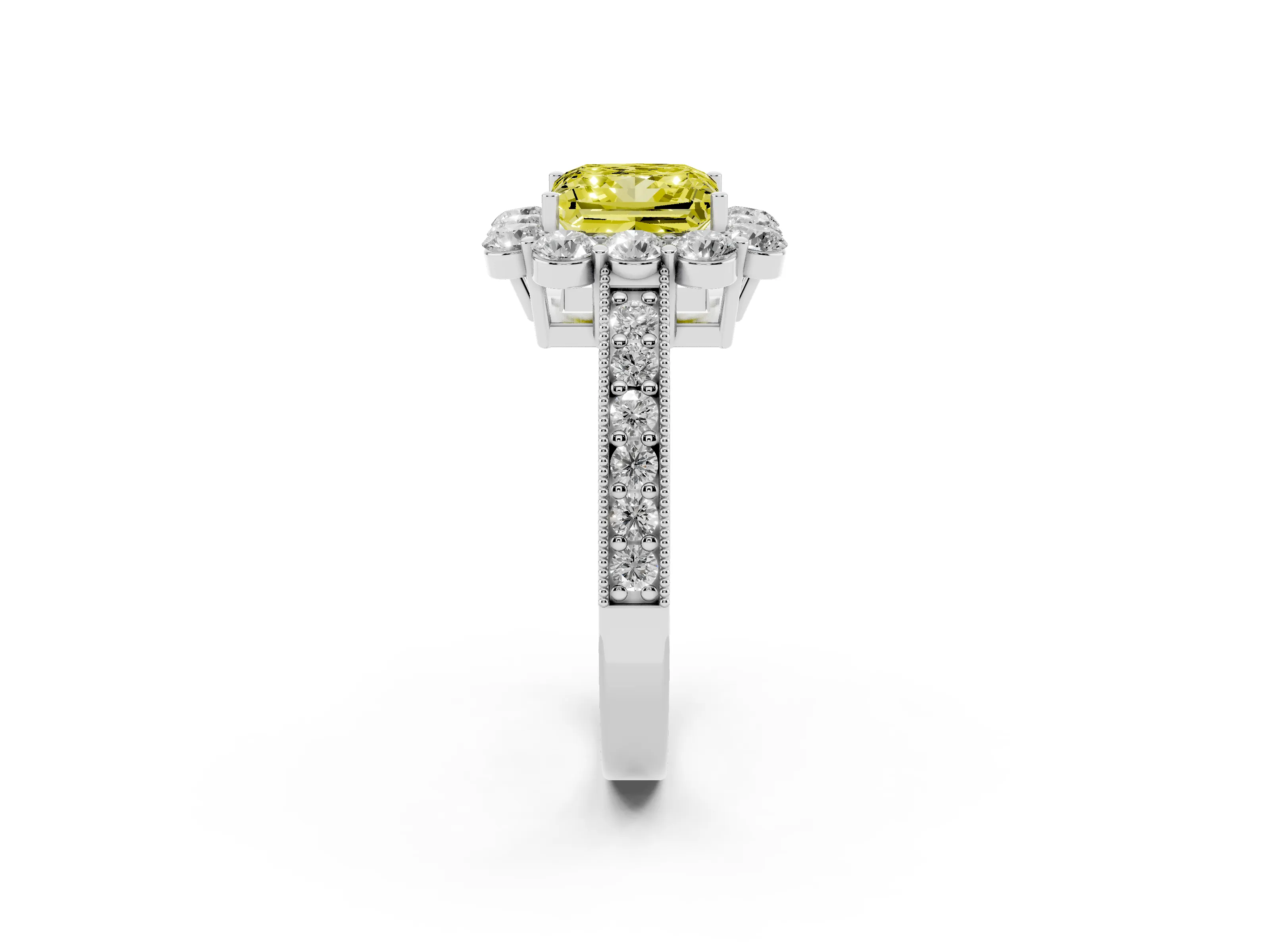 Fancy Yellow Princess Cut Diamond Halo Pavé Engagement Ring Set in White gold with Milgrain Detailing