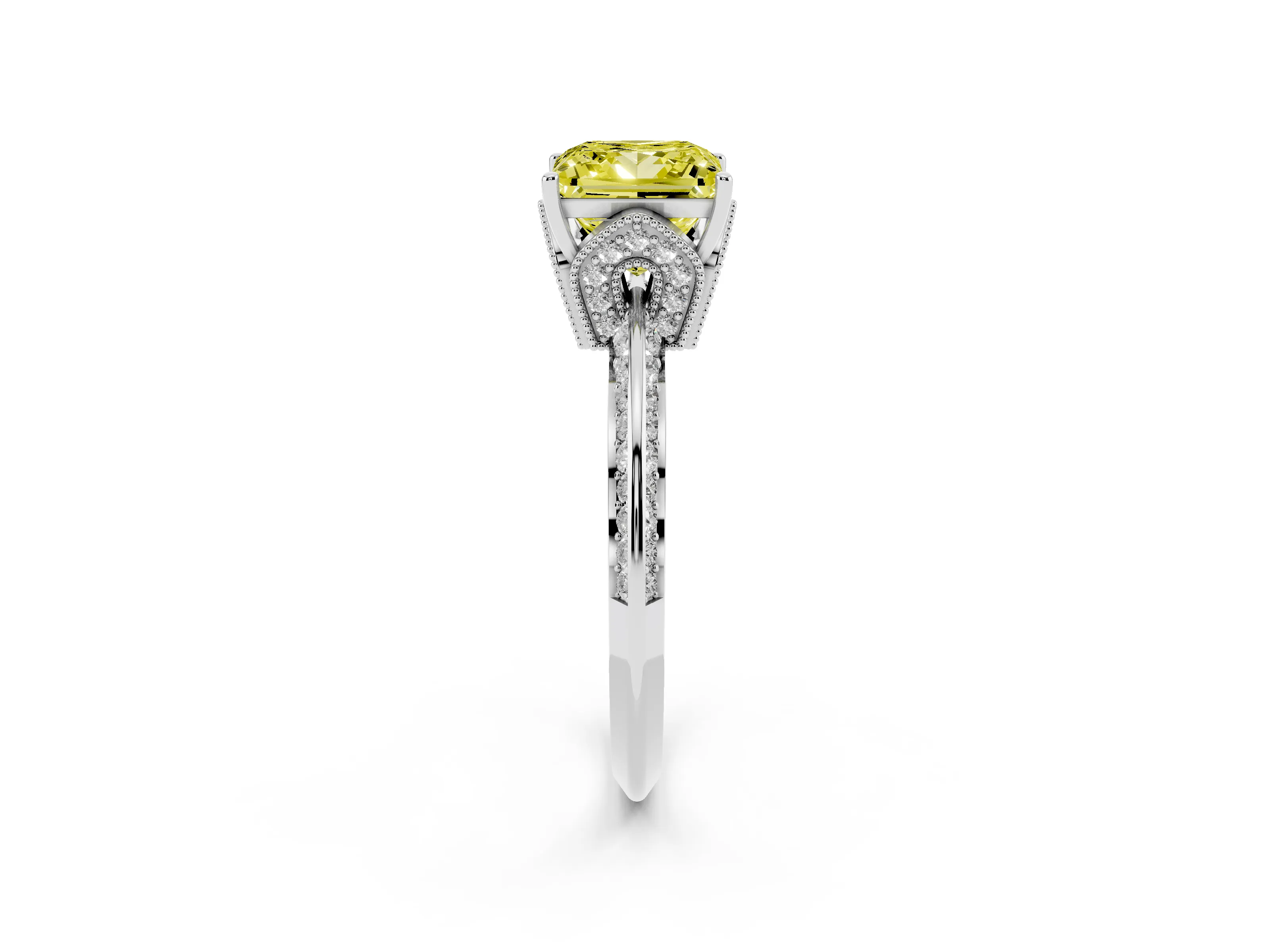 Fancy Yellow Princess Cut Diamond Solitaire Engagement Ring Set in White gold with Pavé Split Shank and Prong Setting