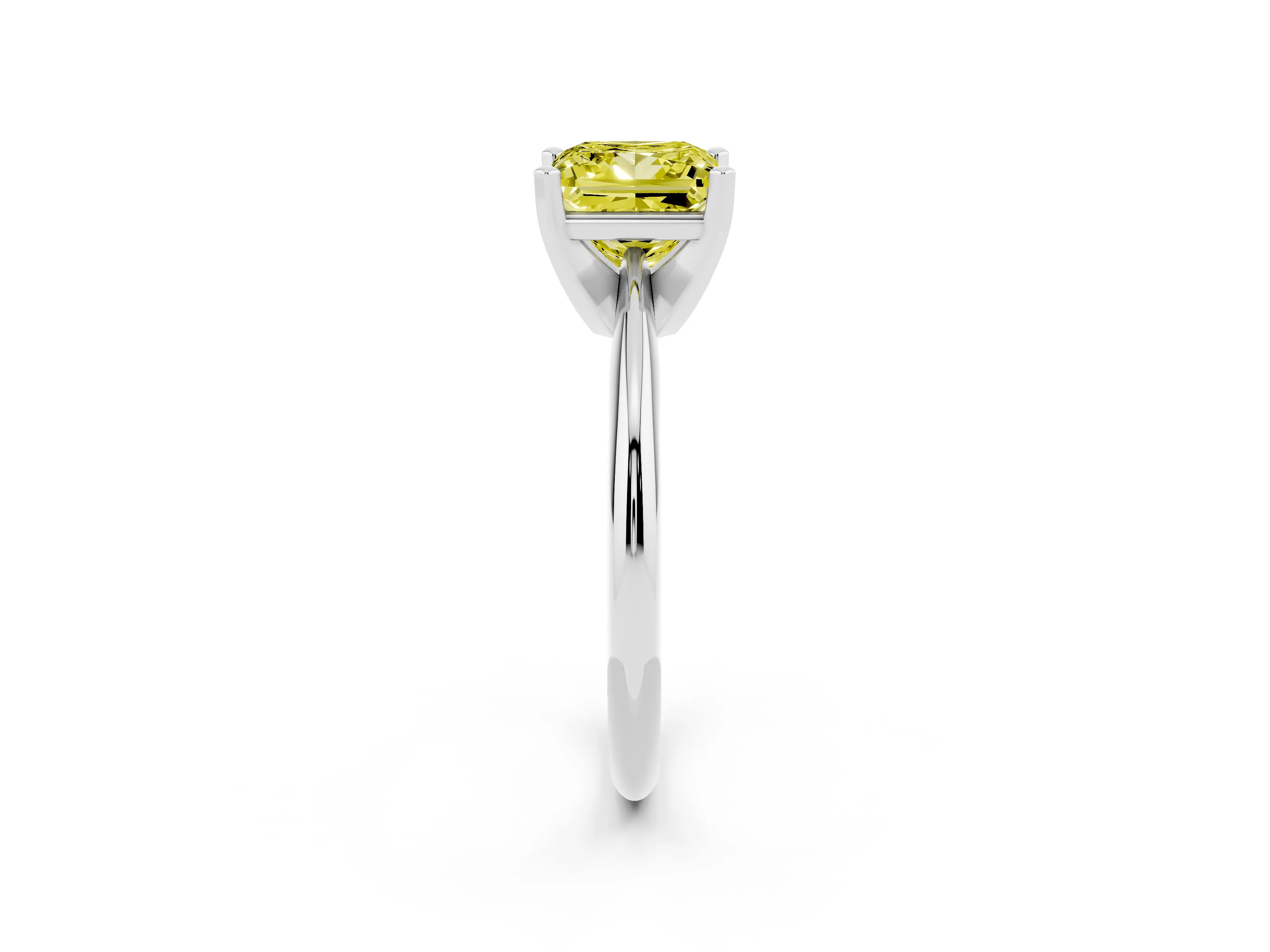 Fancy Yellow Princess Cut Diamond Solitaire Ring Set in White gold with Prong Setting on a Plain Round Band