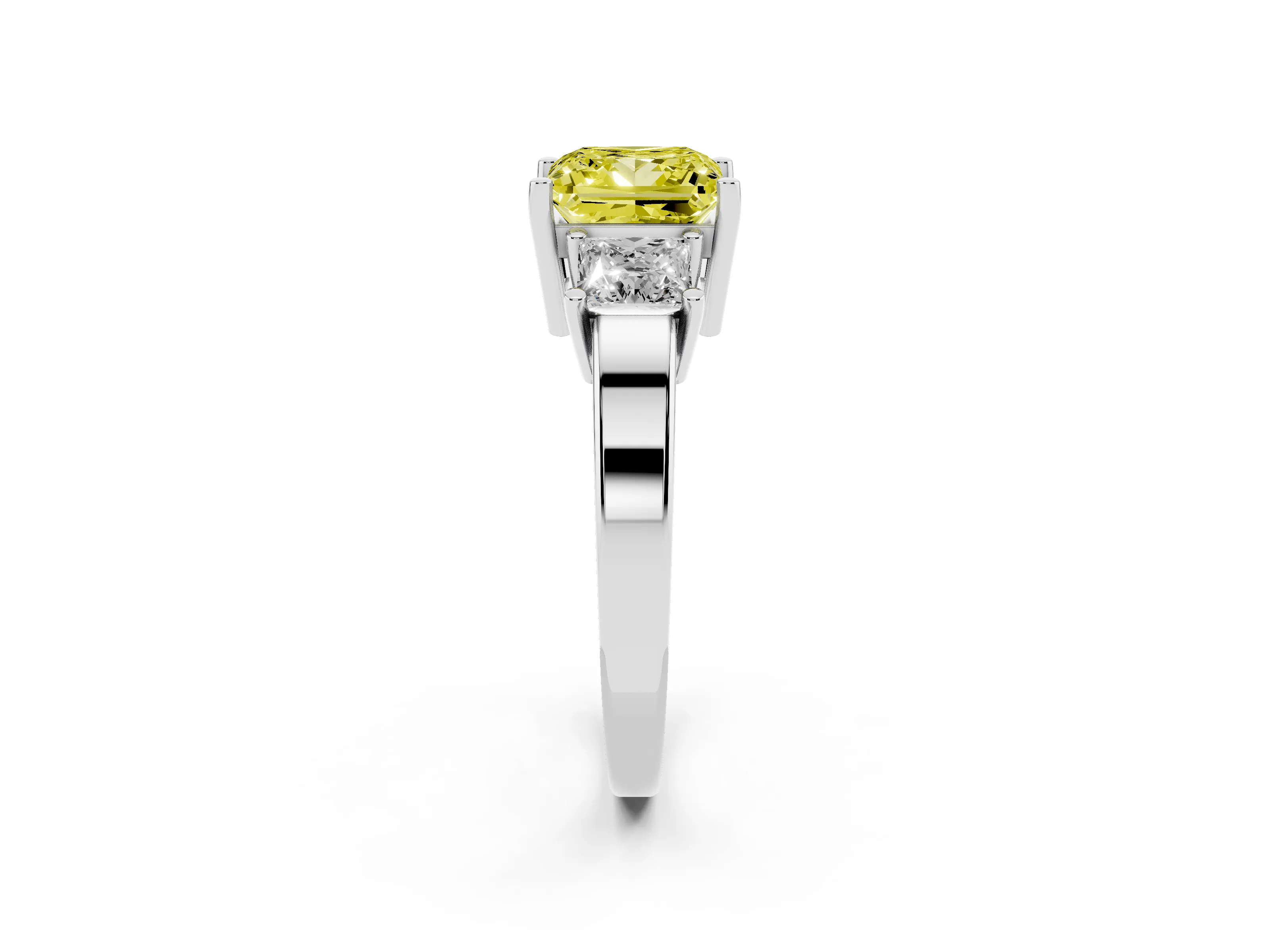 Fancy Yellow Three-Stone Princess Cut Diamond Solitaire Ring Set in Platinum with Prong Setting