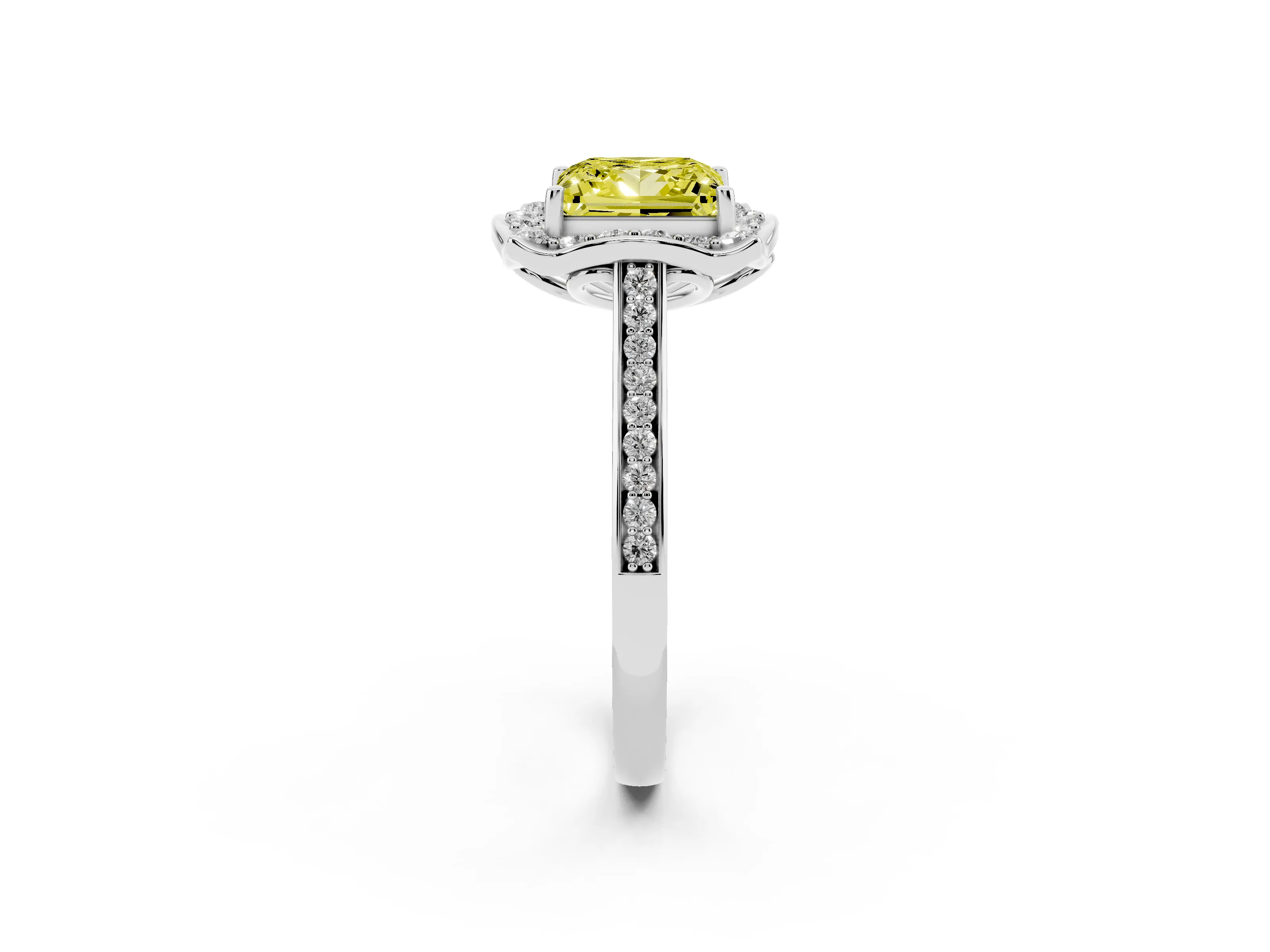 Fancy Yellow Princess Cut Diamond Halo Ring Set in White gold with Pavé-Lined Shoulders and Prong Setting