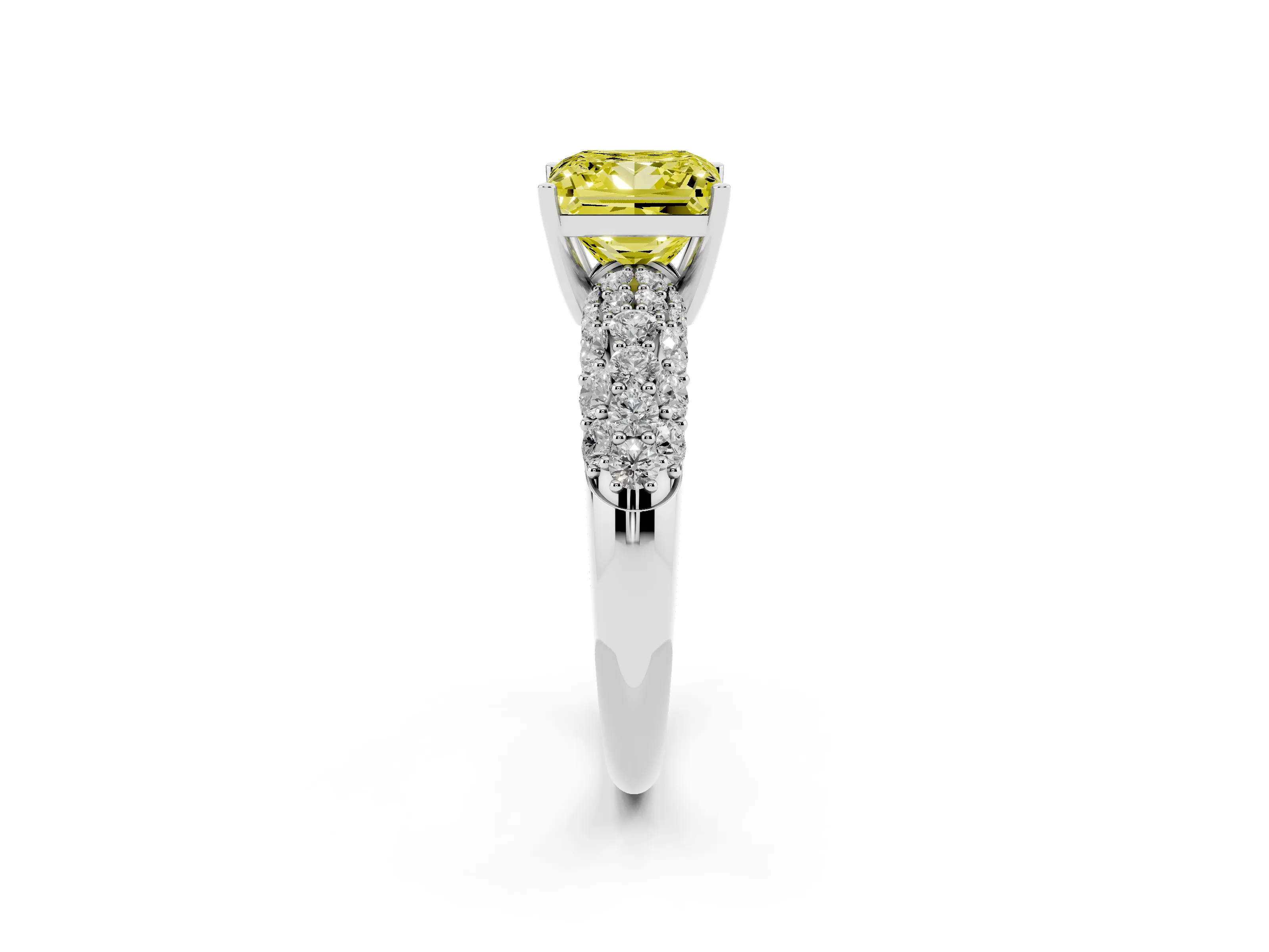 Fancy Yellow Princess Cut Diamond Pavé Band Solitaire Ring Set in White gold with Close-Set Accent Stones and Prong Setting