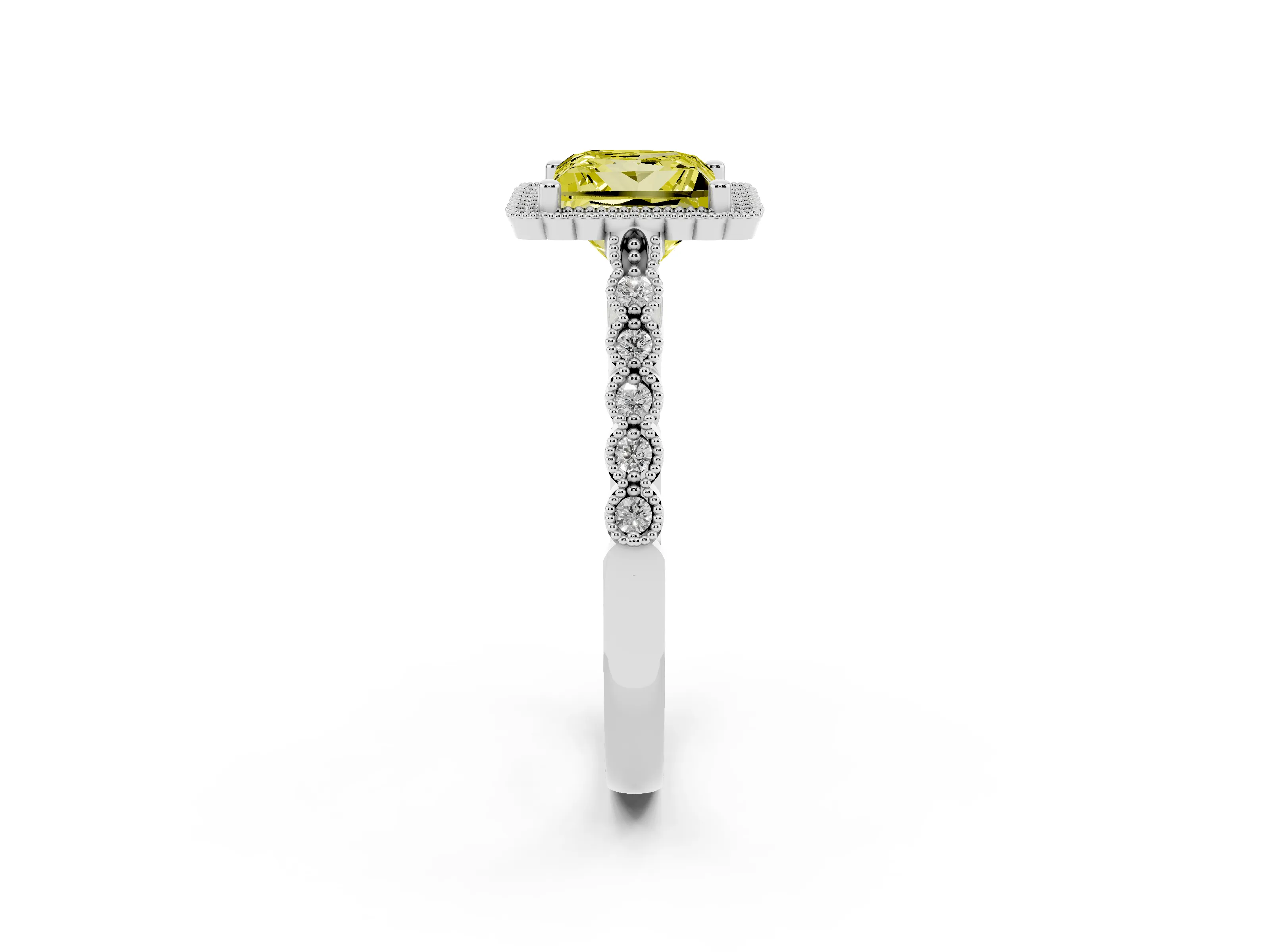 Fancy Yellow Princess Cut Diamond Halo Ring Set in Silver with Pavé Milgrain Band