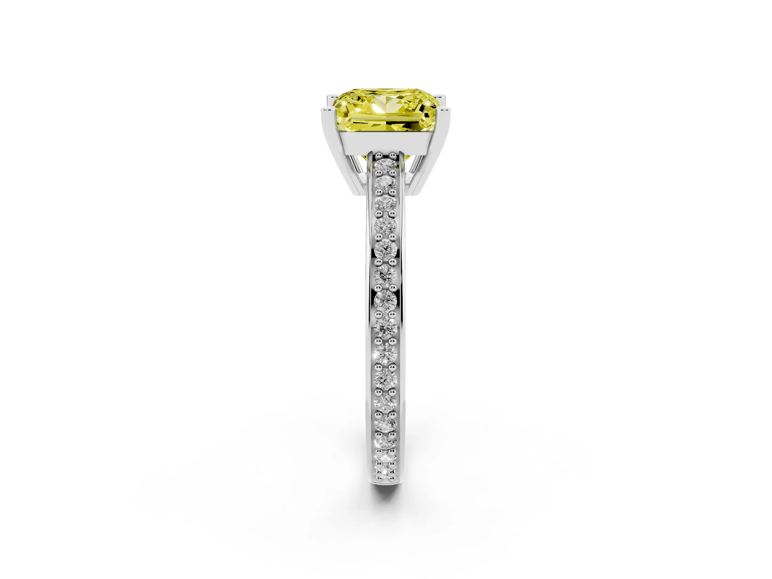 Fancy Yellow Princess Cut Diamond Pavé Band Prong Set Solitaire Ring Set in Platinum
