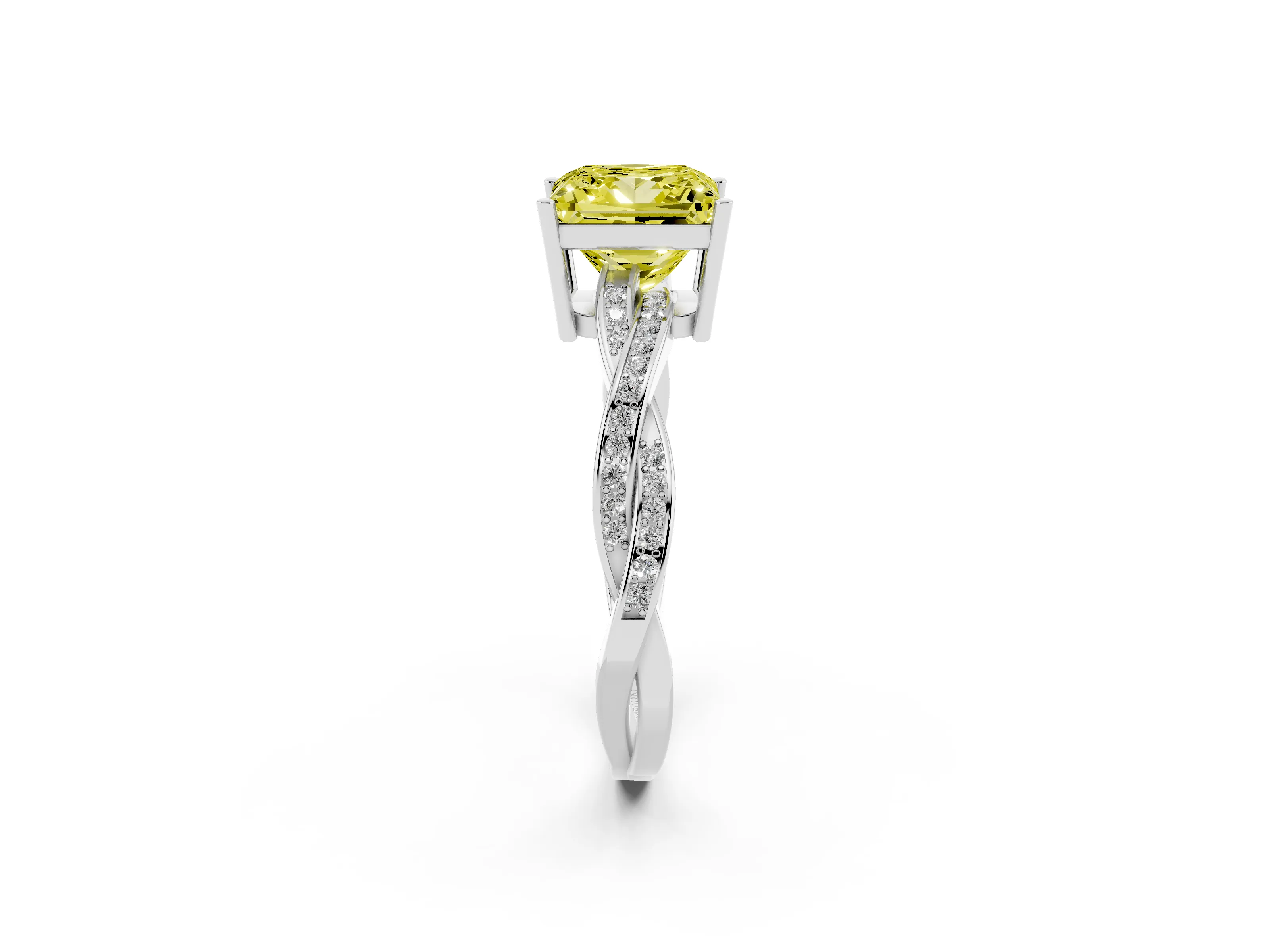 Fancy Yellow Princess Cut Diamond Solitaire Twisted Pavé Ring Set in Silver with Prong Setting