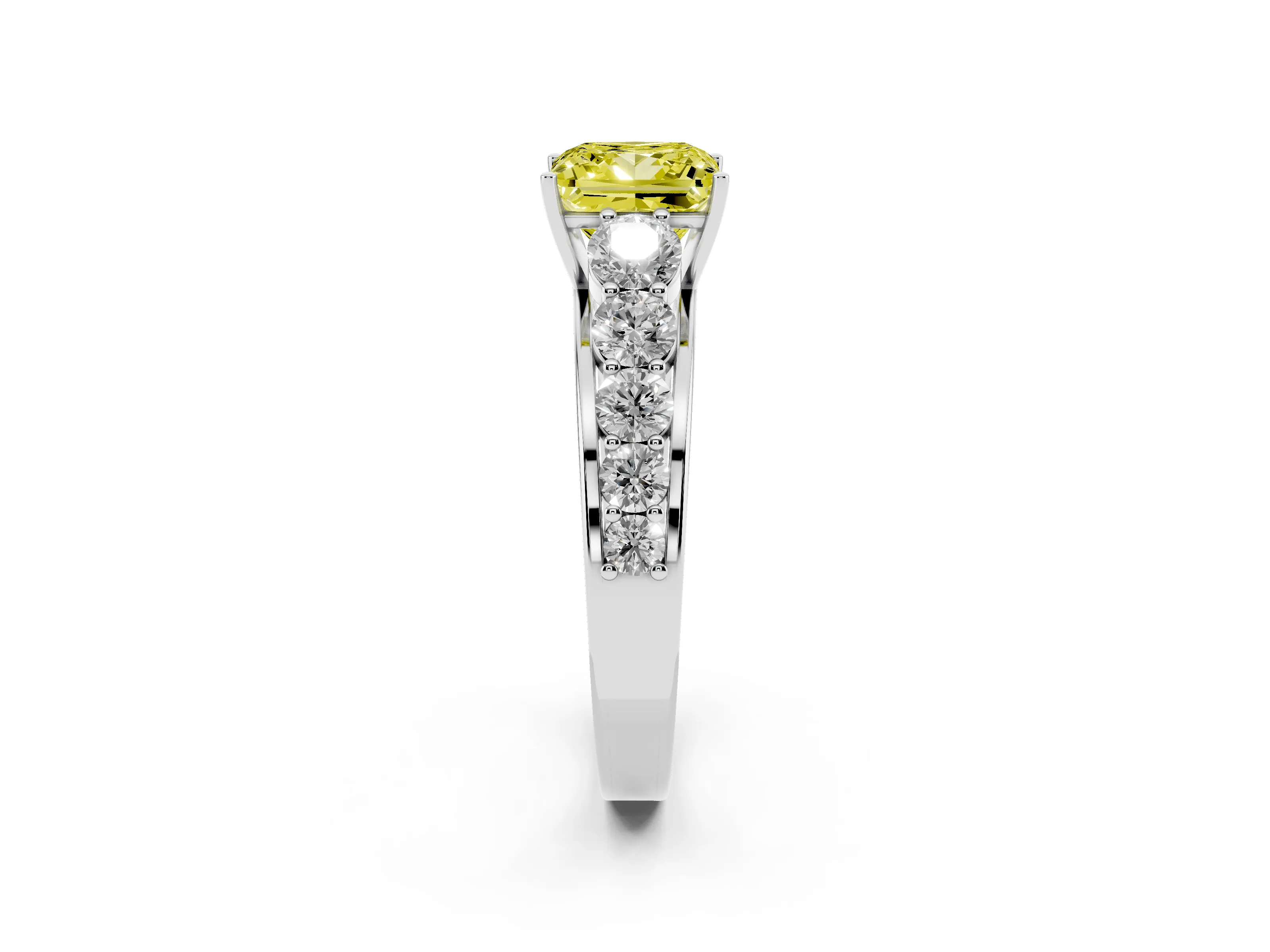 Fancy Yellow Princess Cut Diamond Solitaire Ring Set in Platinum with Pavé-Set Band and Prong Setting