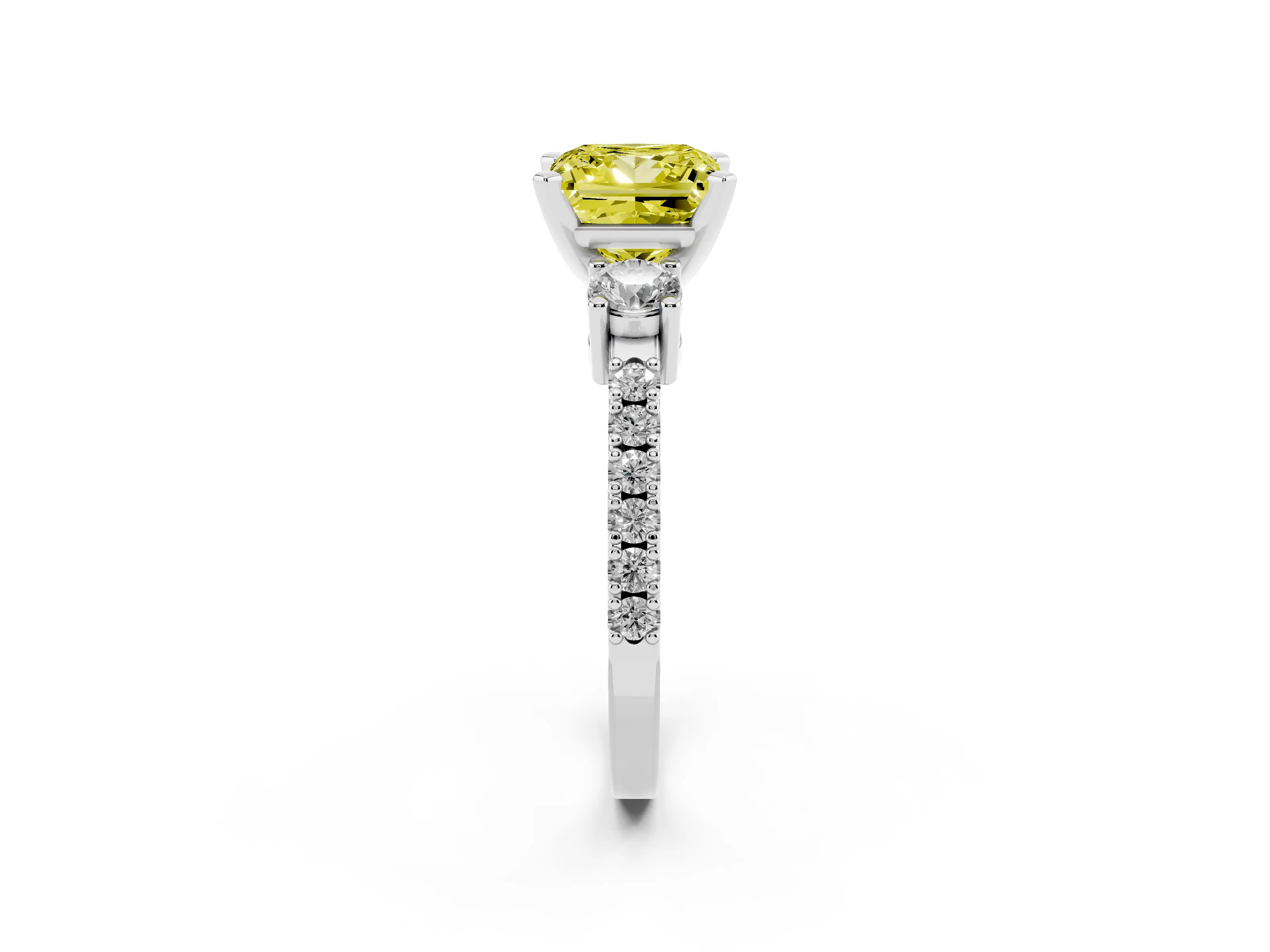 Fancy Yellow Three-Stone Princess Cut Diamond Pavé Band Ring Set in Silver with Prong Setting