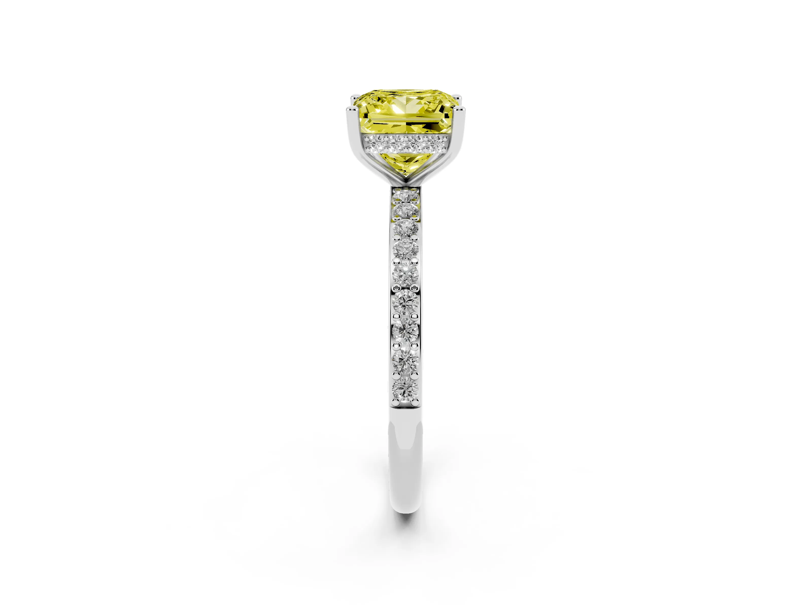 Fancy Yellow Princess Cut Diamond Pavé Band Ring Set in White gold with Prong-Set Center Stone