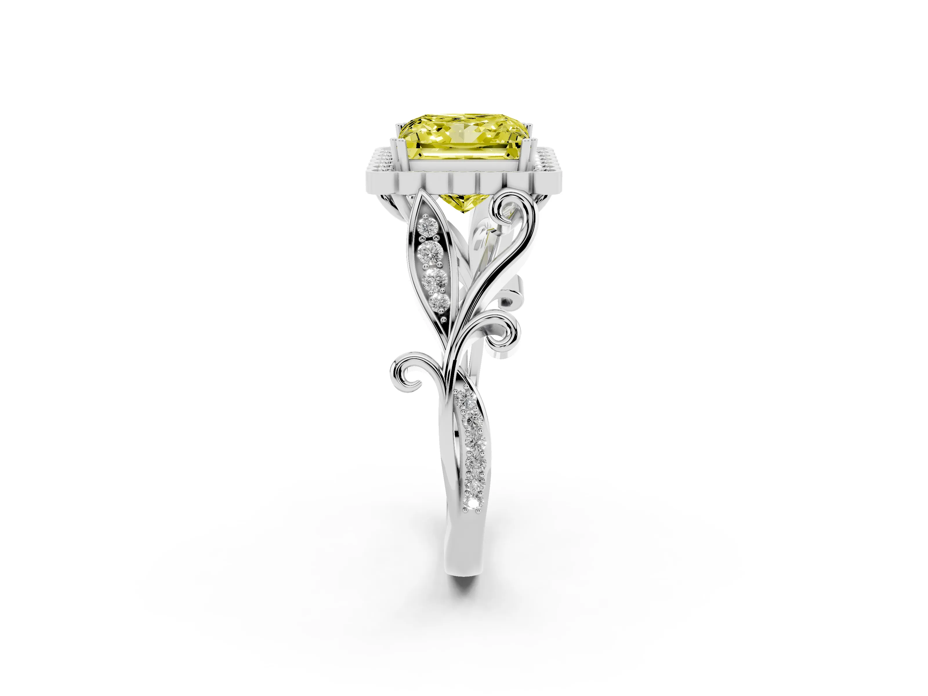 Fancy Yellow Princess Cut Diamond Halo Ring Set in White gold with Leaf Motif Split Shank and Prong Setting