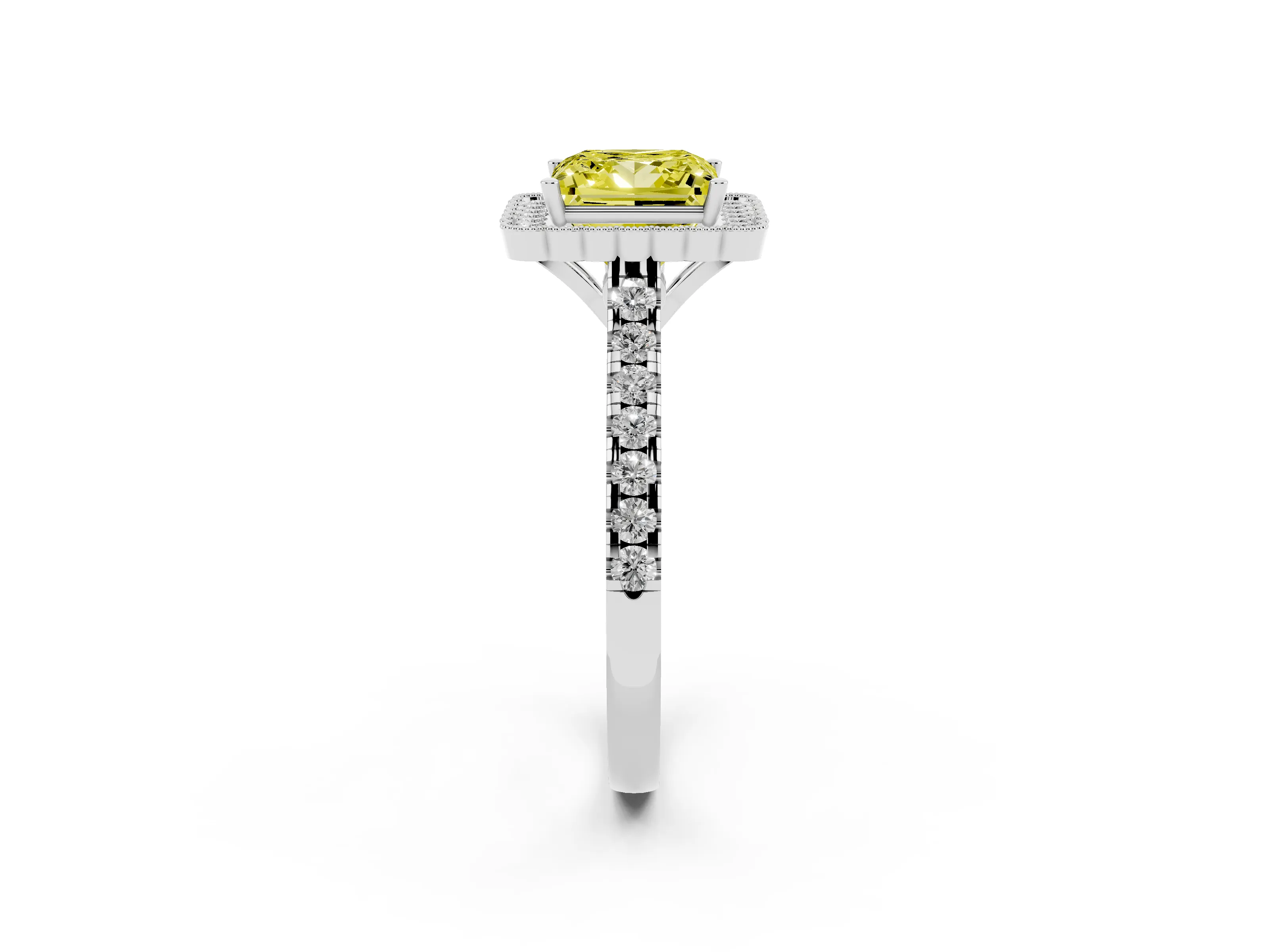Fancy Yellow Princess Cut Diamond Milgrain Floral Halo Engagement Ring Set in White gold with Pavé Band