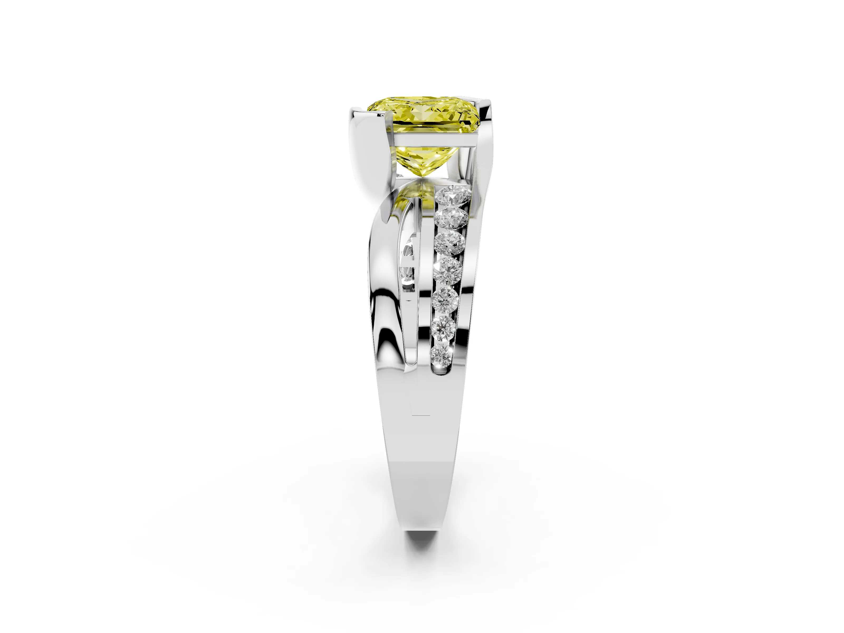 Fancy Yellow Princess Cut Diamond Solitaire Ring Set in Platinum with Channel Set Split Shank and Tension Prongs