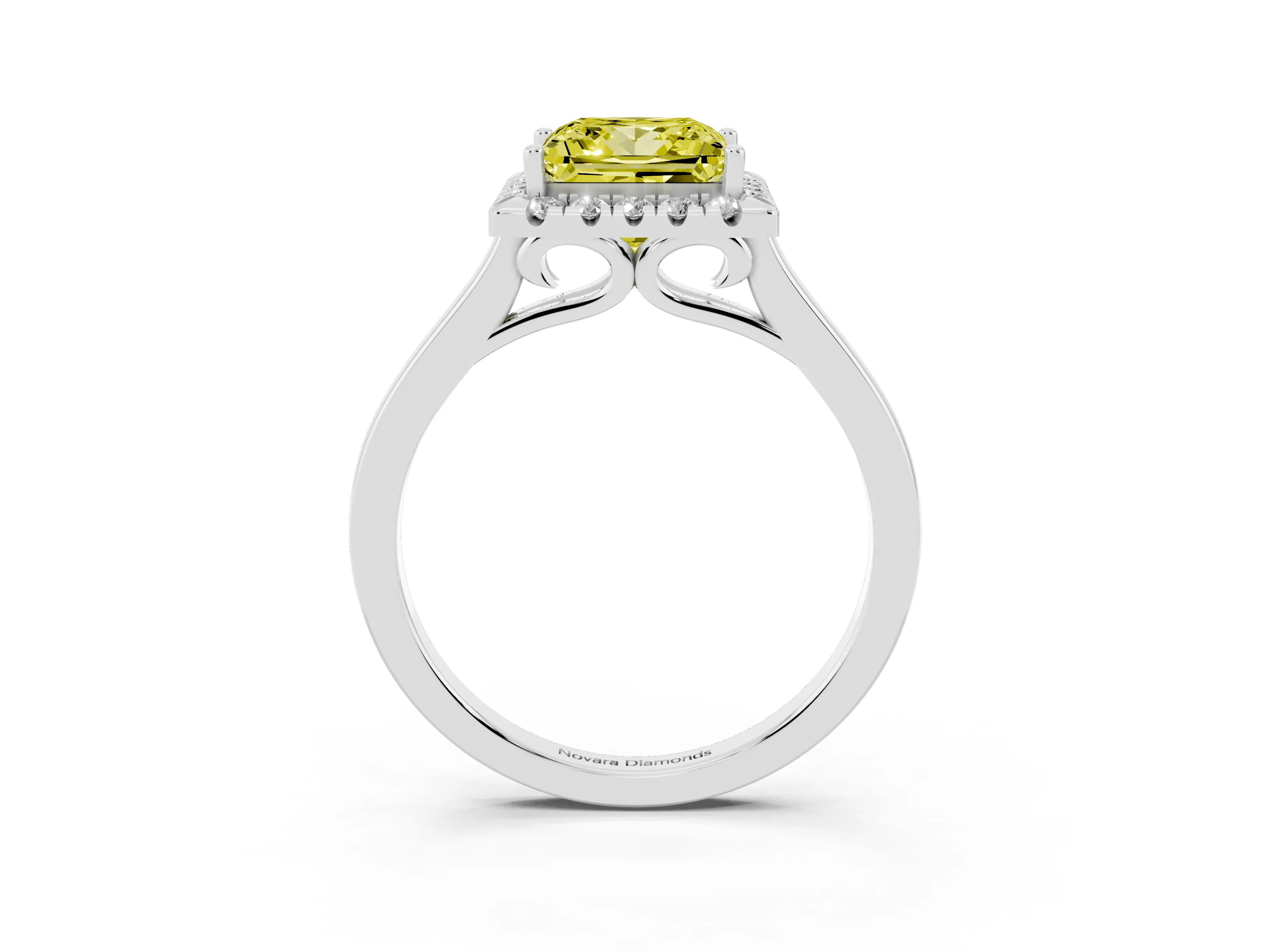 Fancy Yellow Princess Cut Halo Round Diamond Solitaire Ring Set in Platinum with Pavé Band and Prong Setting