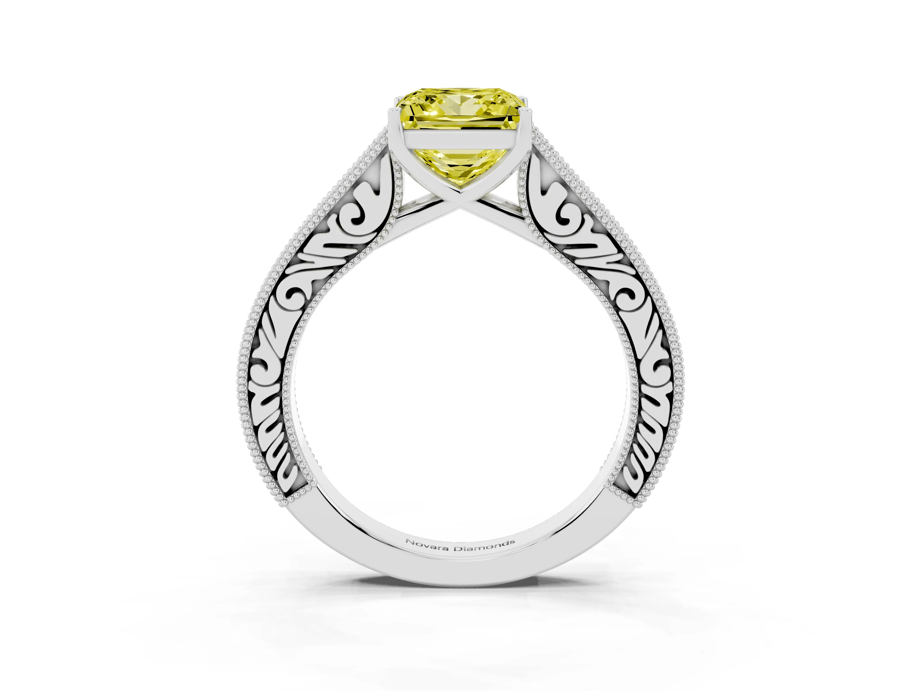 Fancy Yellow Princess Cut Diamond Milgrain Pavé Band Solitaire Ring Set in Platinum with Prong Setting