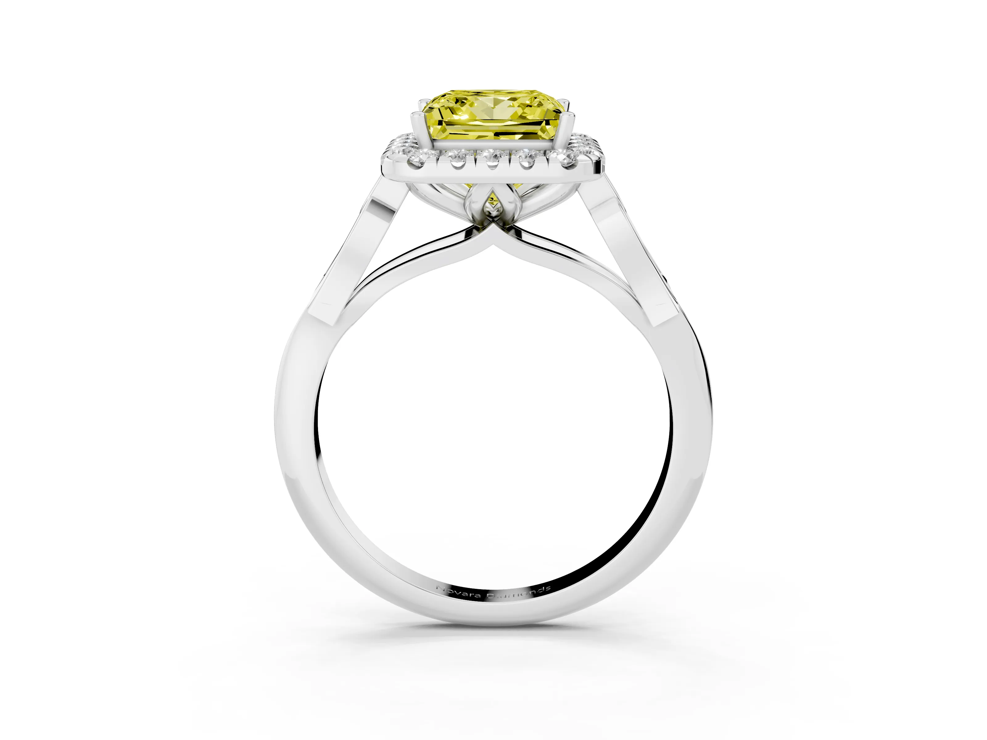 Fancy Yellow Princess Cut Diamond Halo Engagement Ring Set in White gold with Filigree Band and Prong-Set Center