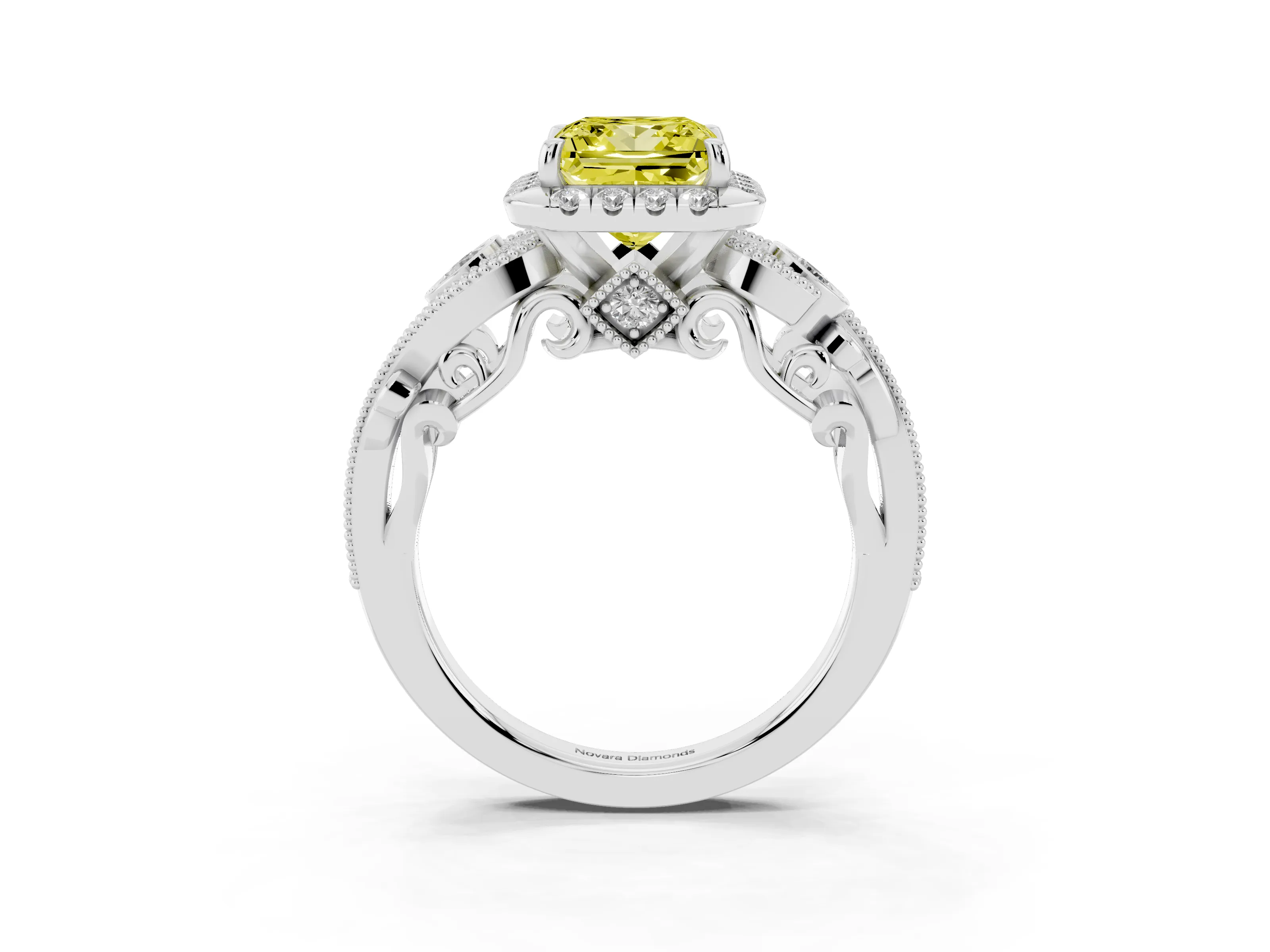 Fancy Yellow Princess Cut Diamond Halo Split Shank Ring Set in White gold with Milgrain and Bezel Accents