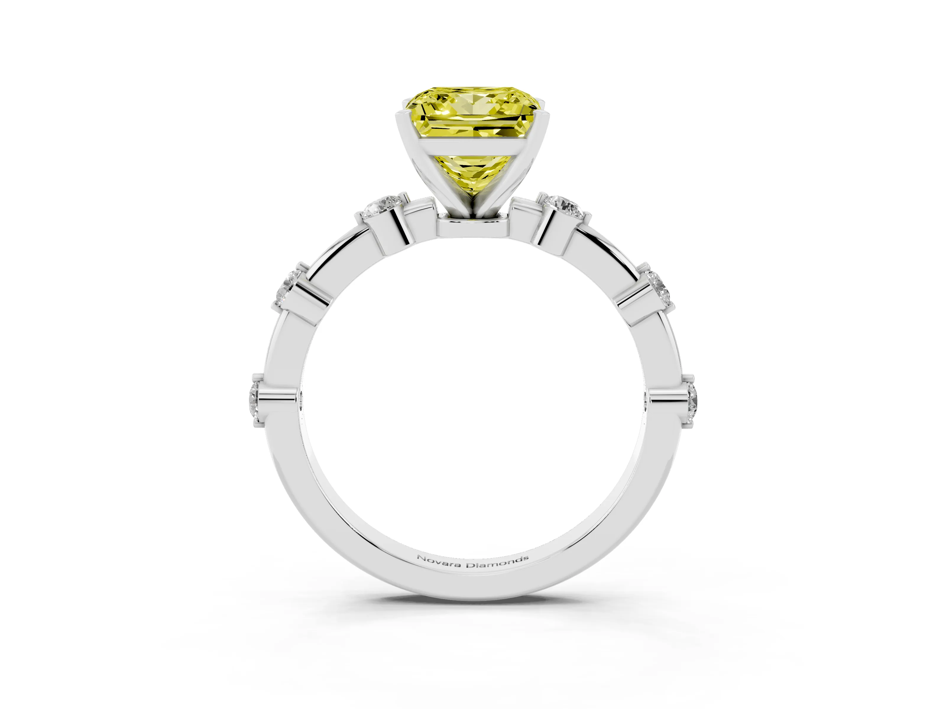 Fancy Yellow Princess Cut Diamond Solitaire Ring Set in Silver with Bezel Set Side Stones and Prong Setting
