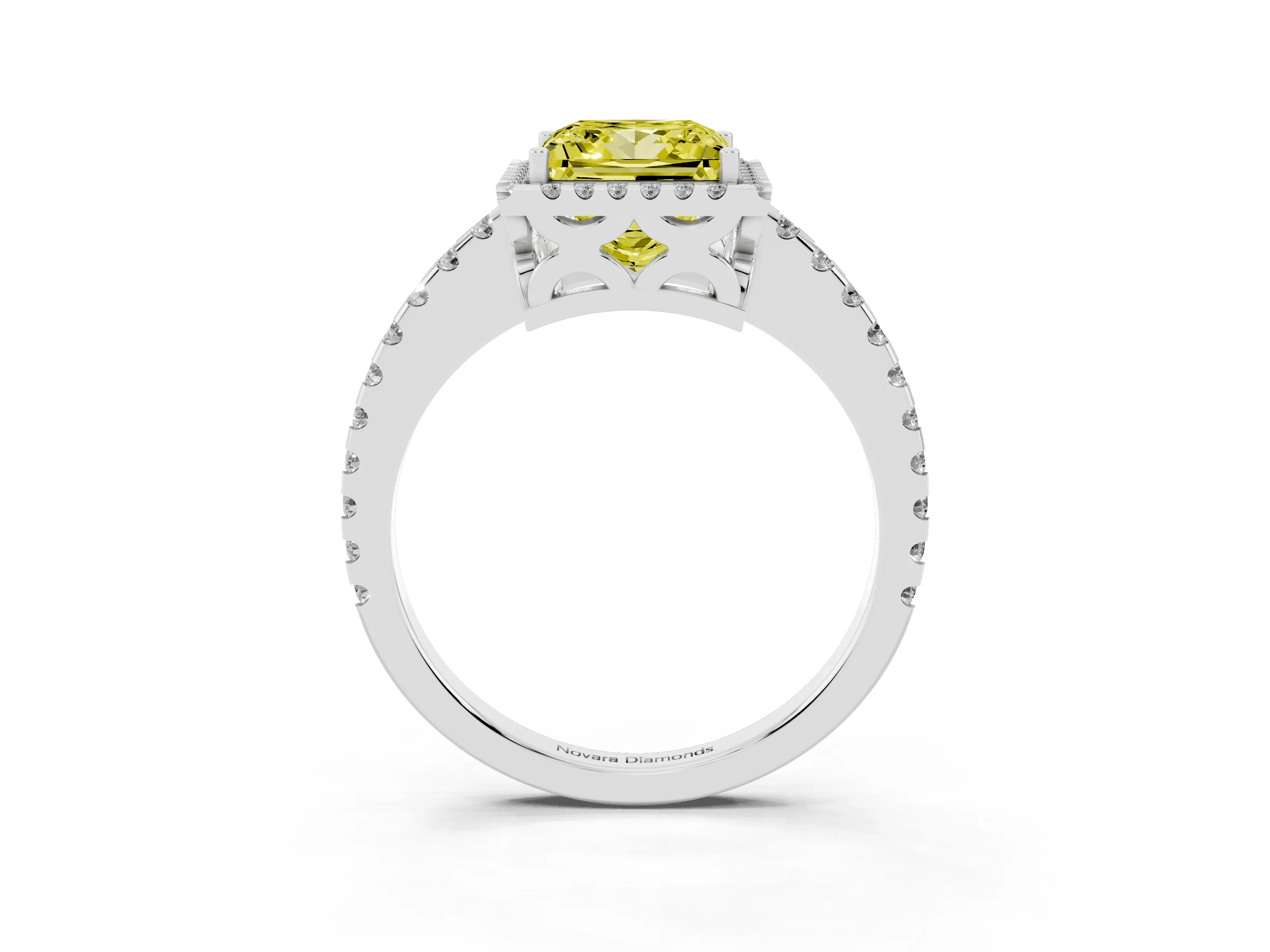 Fancy Yellow Princess Cut Diamond Halo Ring Set in White gold with Pavé Shoulders and Halo-Framed Center