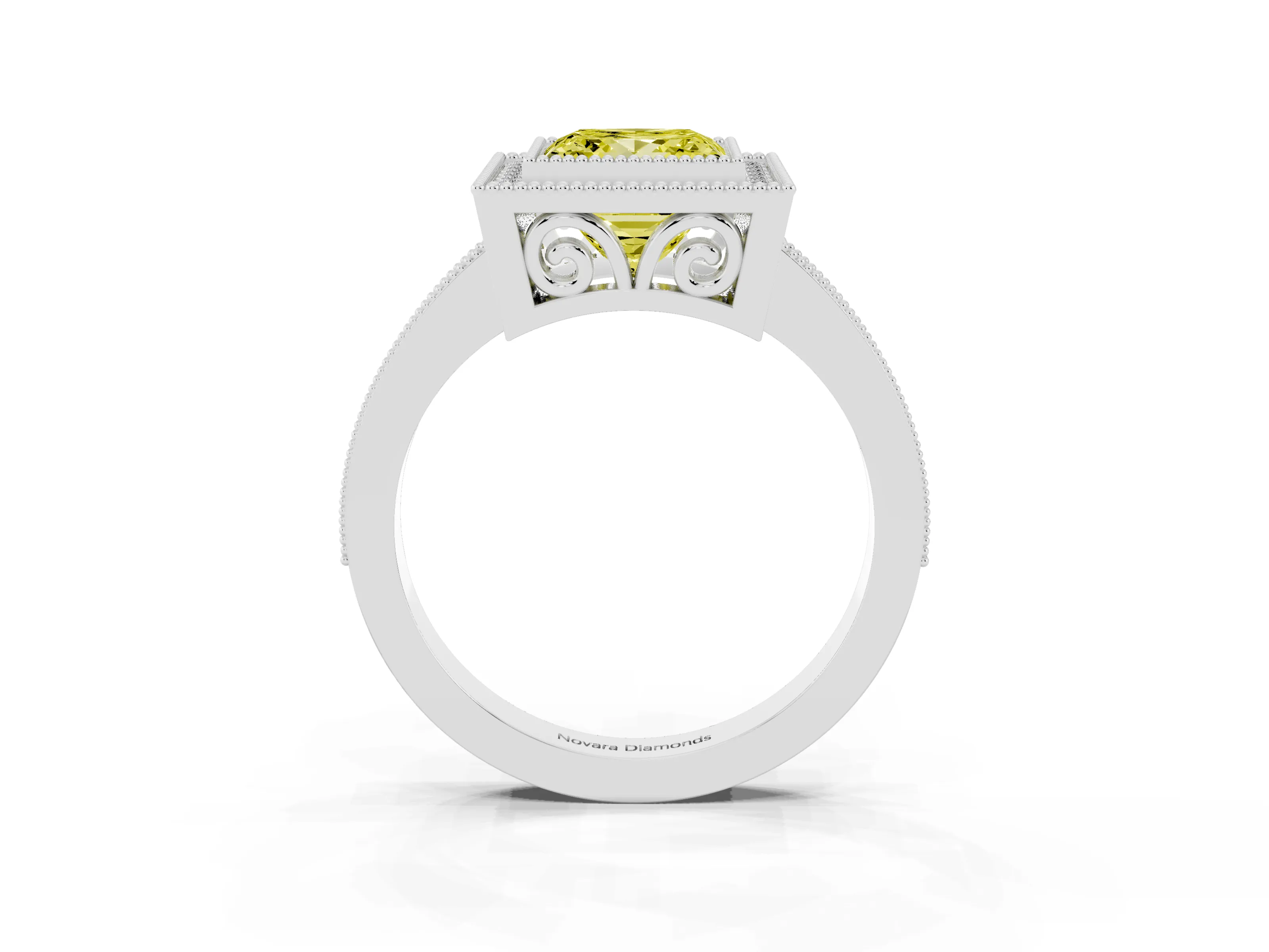 Fancy Yellow Princess Cut Diamond Halo Ring Set in White gold with Pavé Band and Milgrain-Edged Prongs