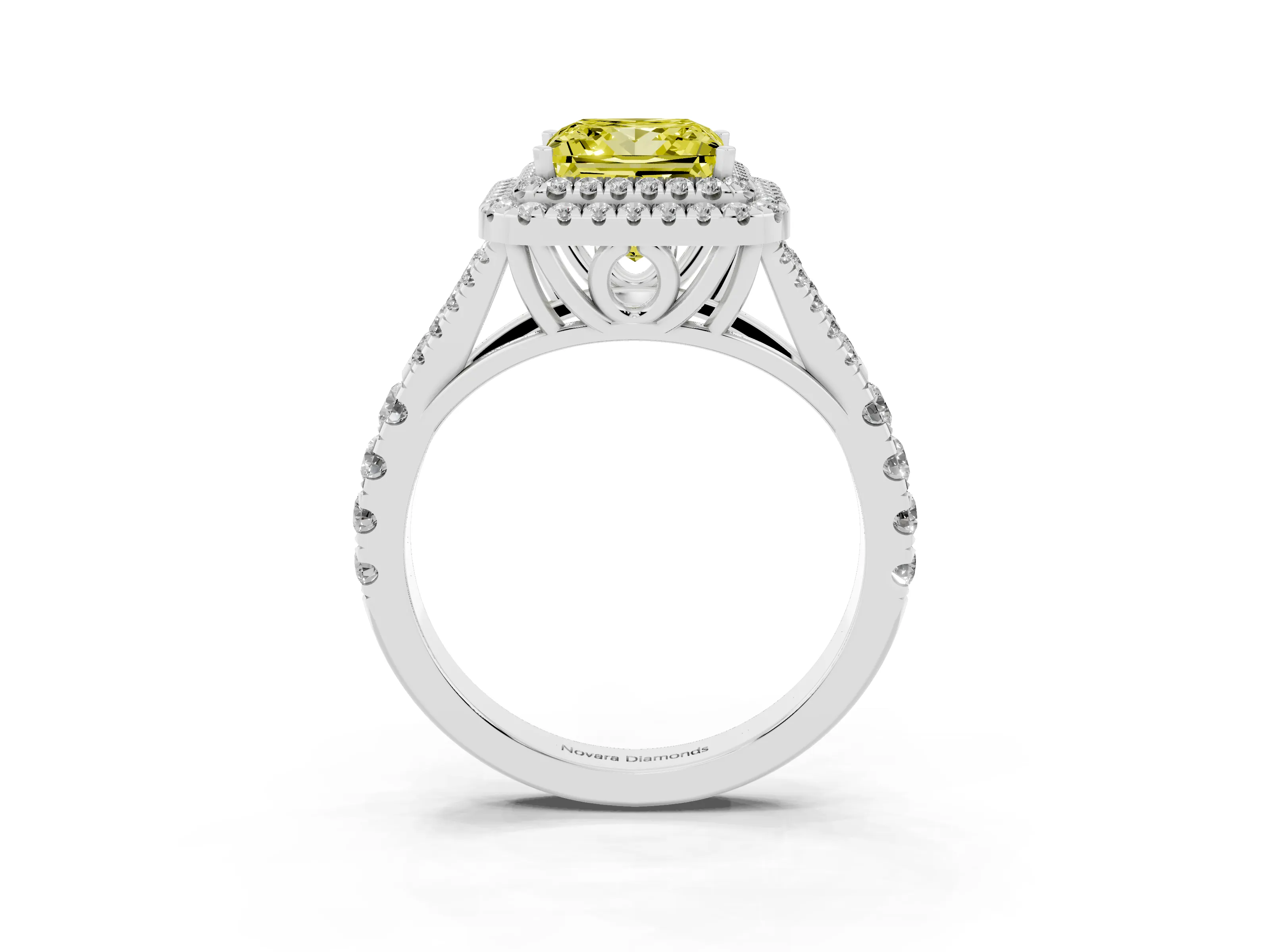Fancy Yellow Princess Cut Diamond Pavé Split Shank Double Halo Engagement Ring Set in Platinum
