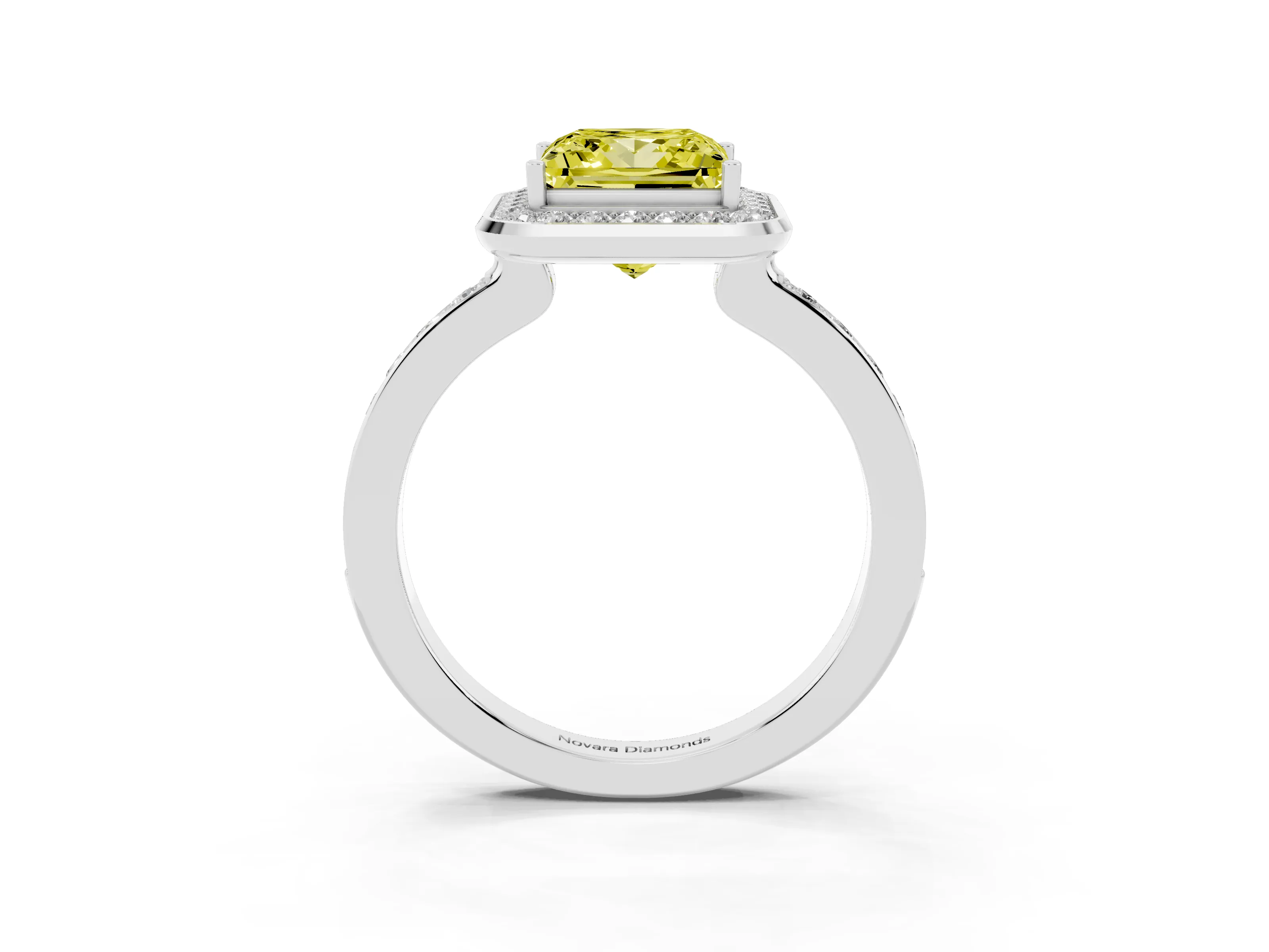 Fancy Yellow Princess Cut Diamond Halo Ring Set in White gold with Bezel Frame and Pavé Band