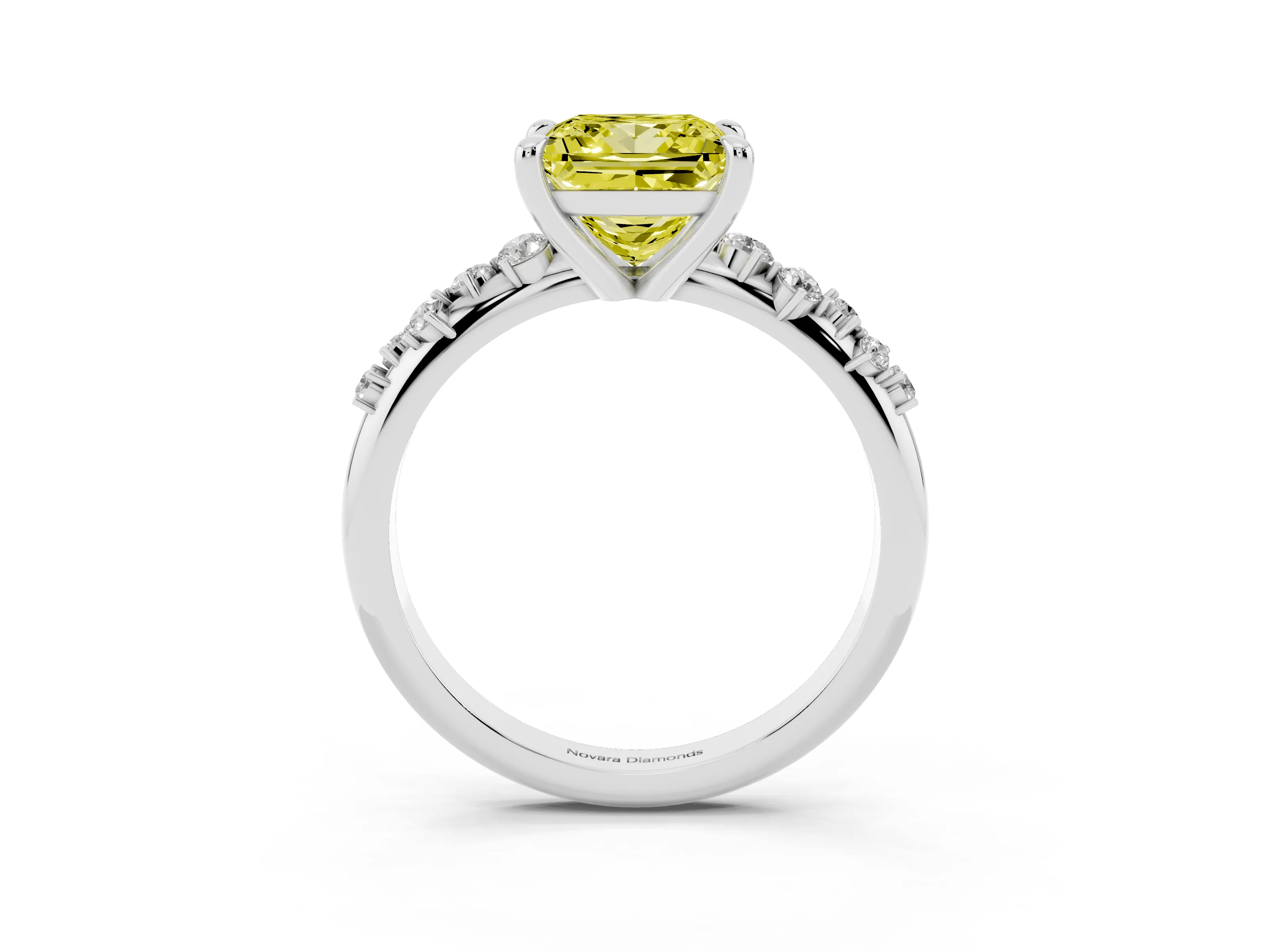 Fancy Yellow Princess Cut Diamond Solitaire Vine Band Ring Set in White gold with Round Accents and Prong Setting