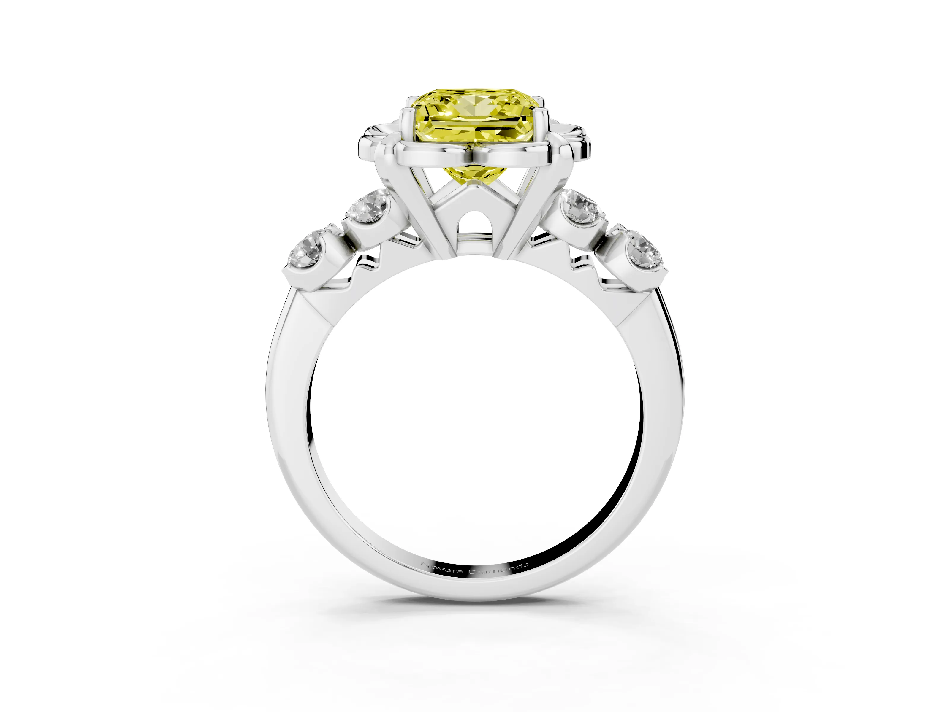 Fancy Yellow Princess Cut Diamond Floral Halo Ring Set in Silver with Shared Prong Band