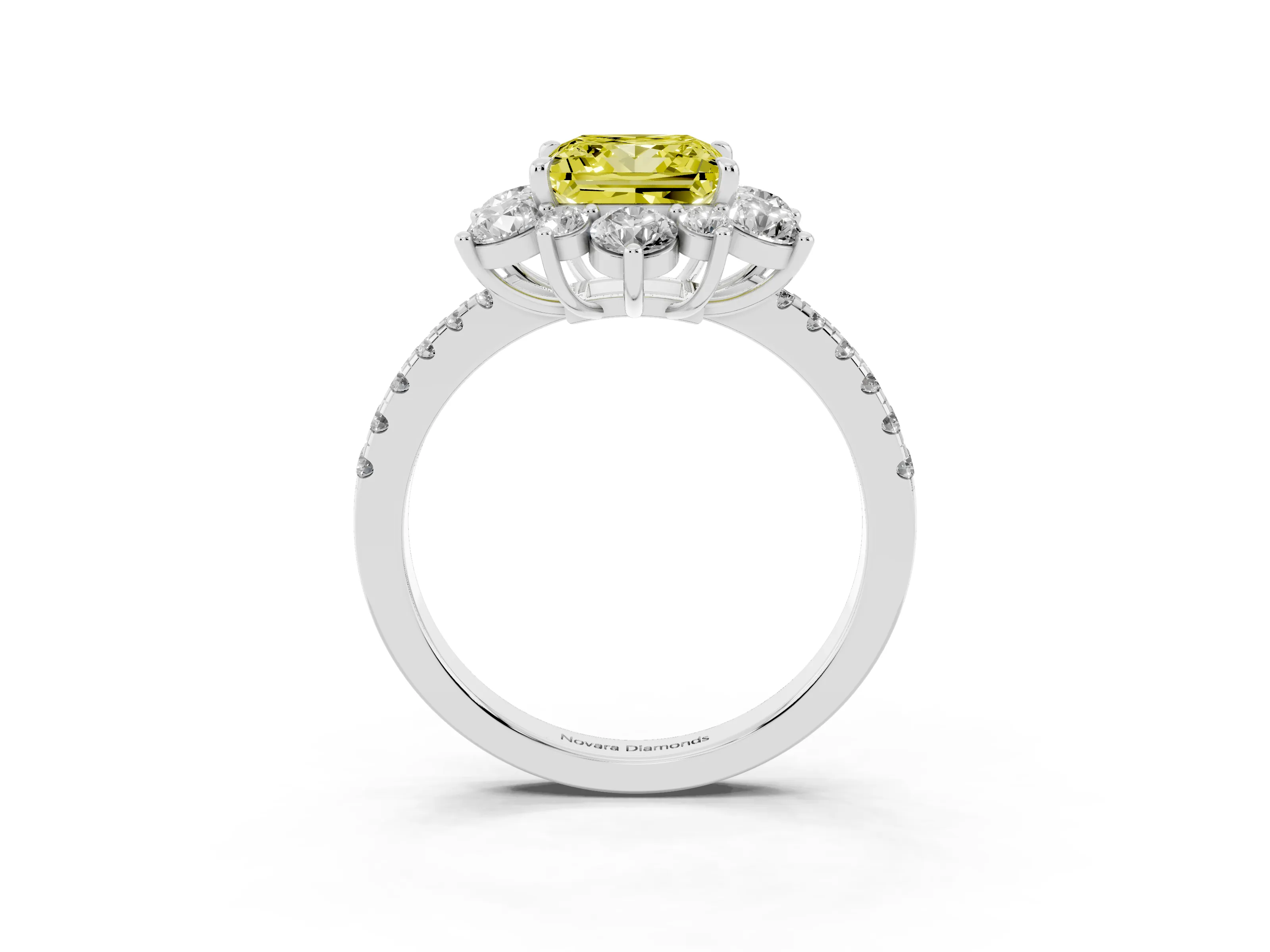 Fancy Yellow Princess Cut Diamond Floral Halo Ring Set in Platinum with Round Pavé Band and Prong Setting