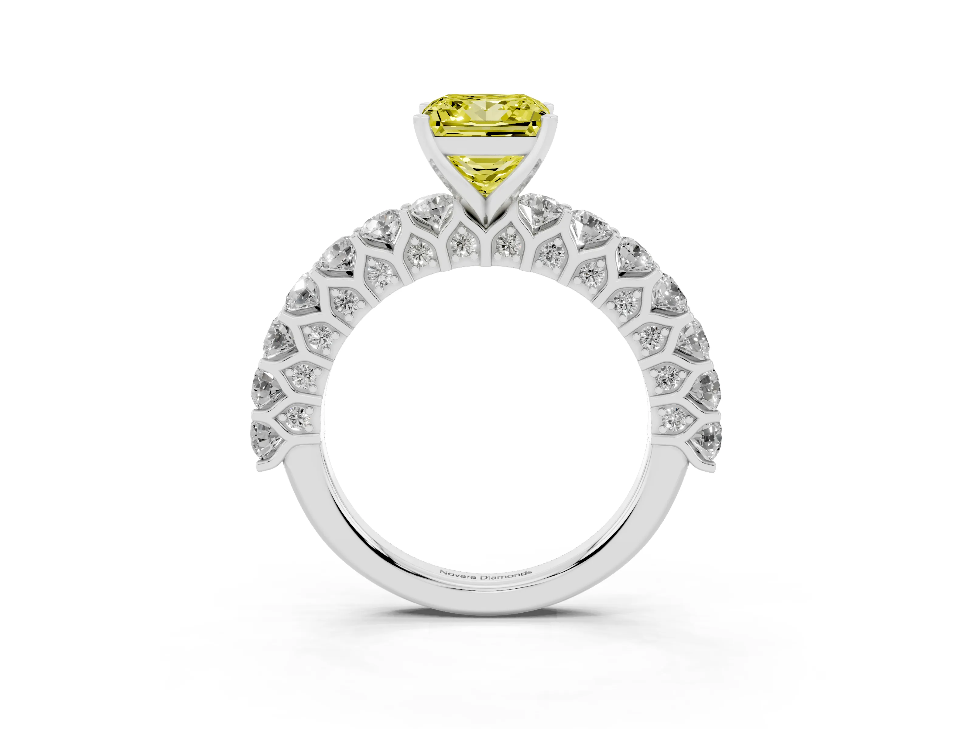 Fancy Yellow Princess Cut Diamond Solitaire Ring Set in Silver with Shared Prong Pavé Band