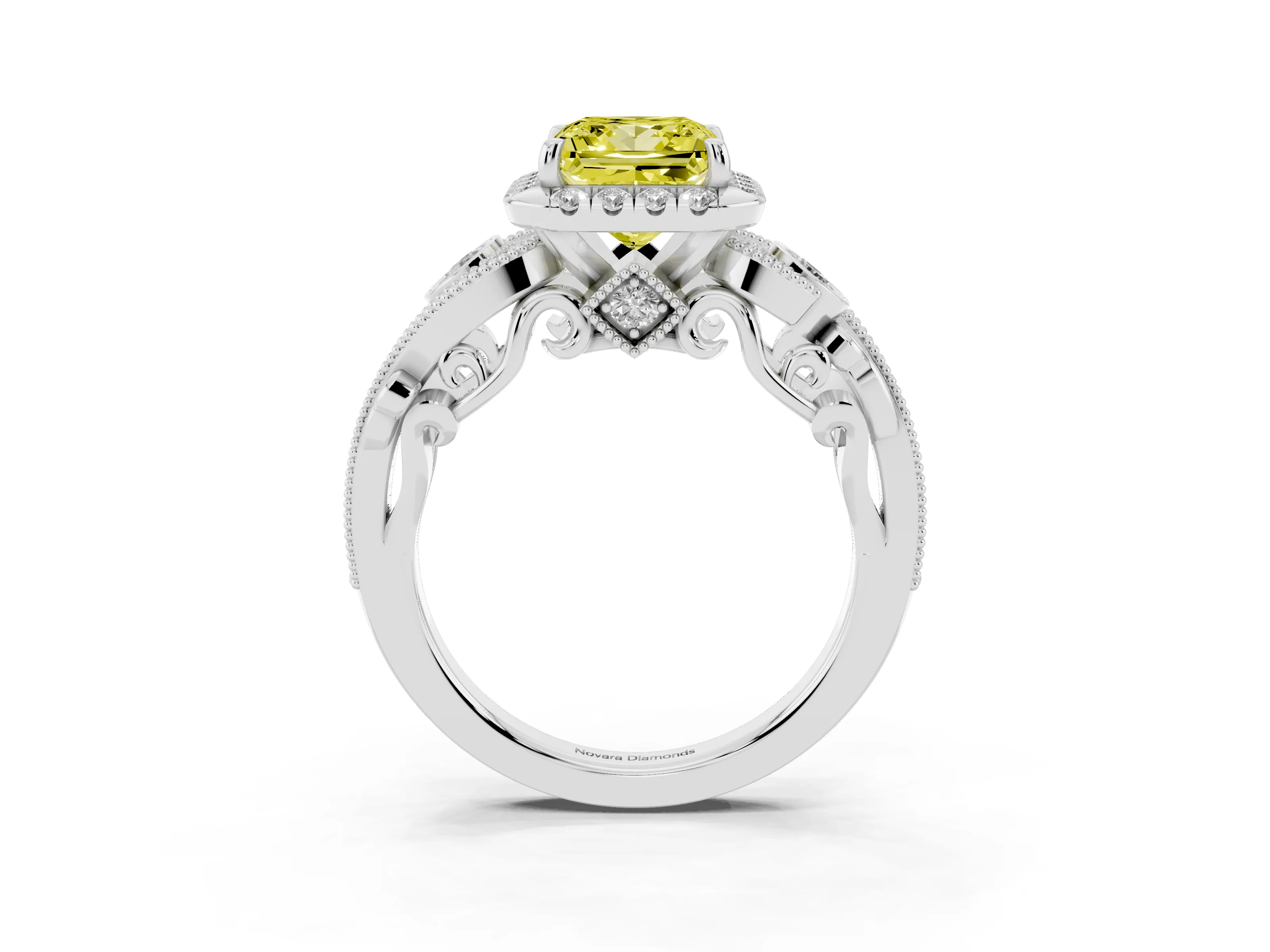 Fancy Yellow Princess Cut Diamond Halo Ring Set in Platinum with Milgrain Pavé Band and Prong Setting