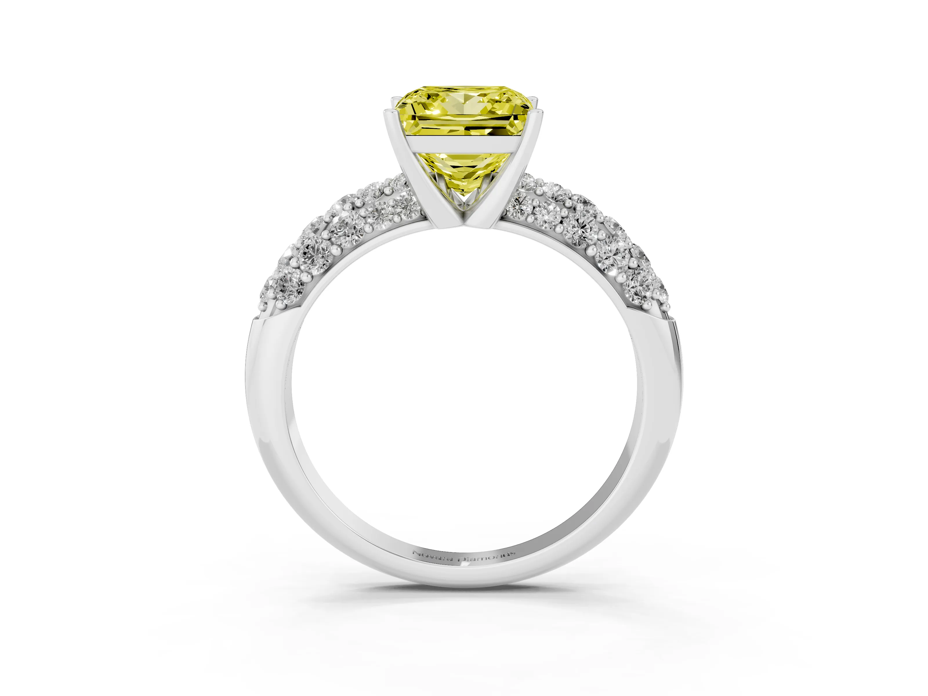 Fancy Yellow Princess Cut Diamond Pavé Band Solitaire Ring Set in White gold with Close-Set Accent Stones and Prong Setting