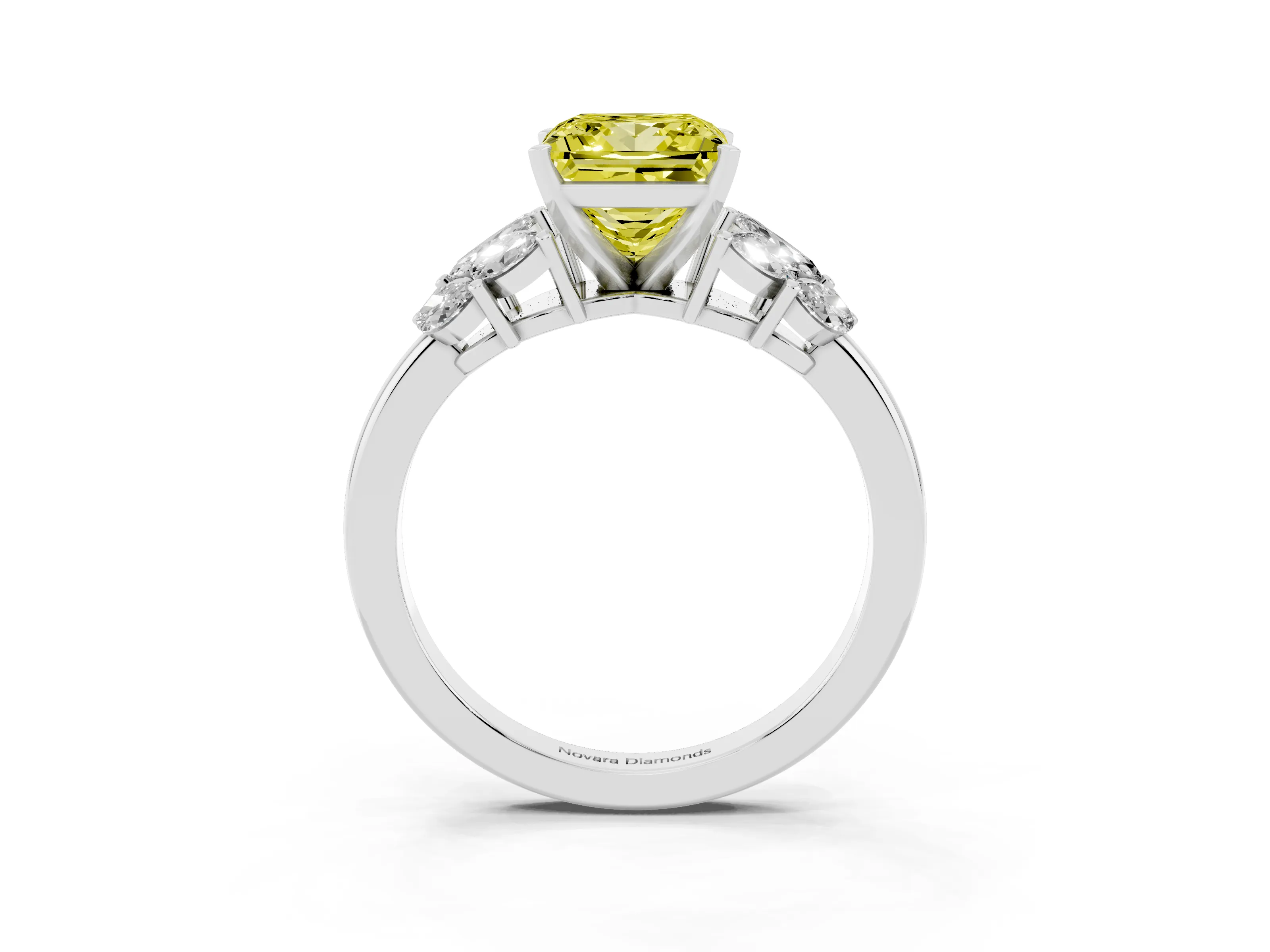 Fancy Yellow Princess Cut Diamond Cluster Leaf Design Ring Set in White gold with Prong Setting
