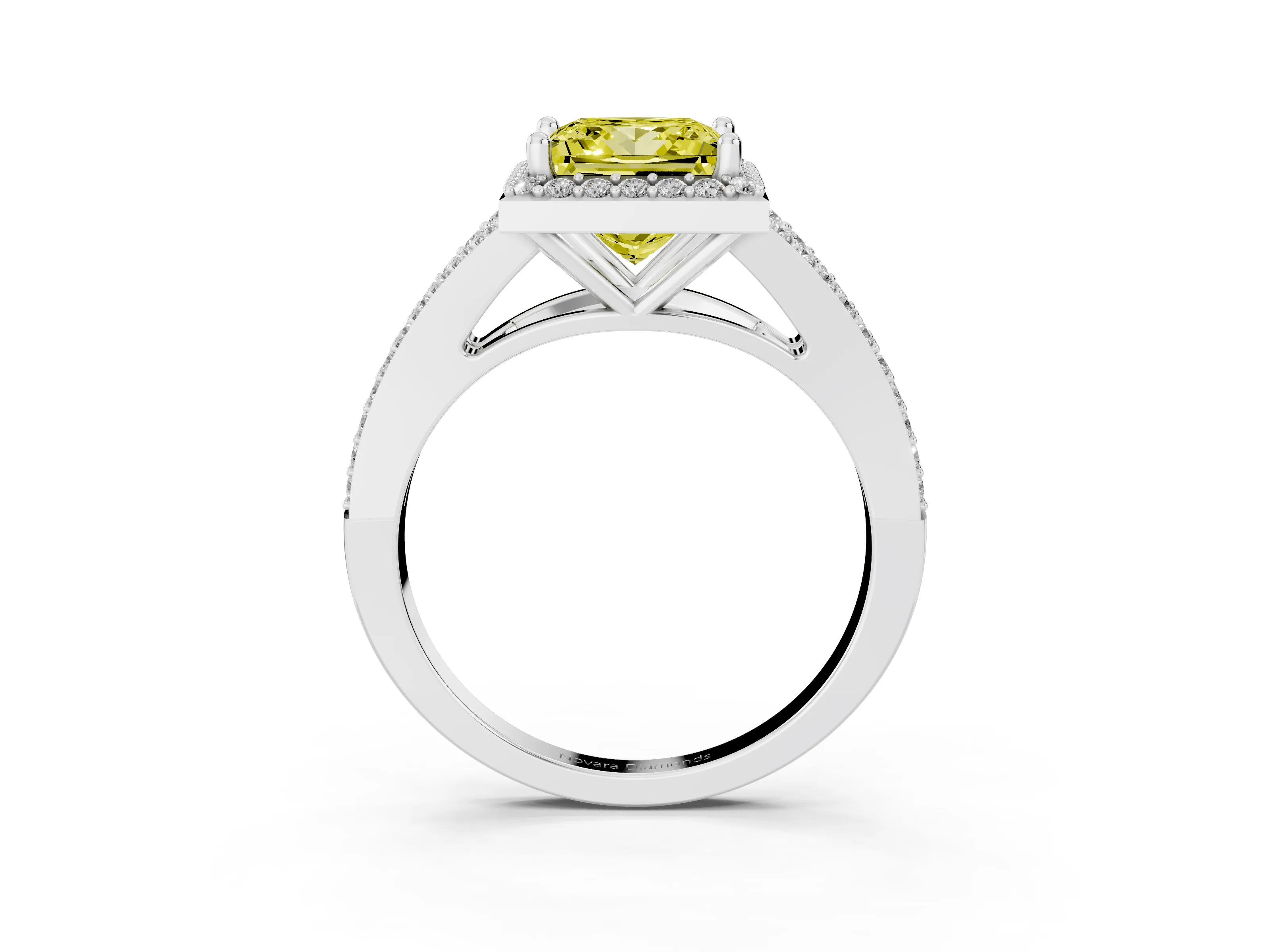 Fancy Yellow Princess Cut Diamond Halo Split Shank Pavé Ring Set in Silver with Prong Setting