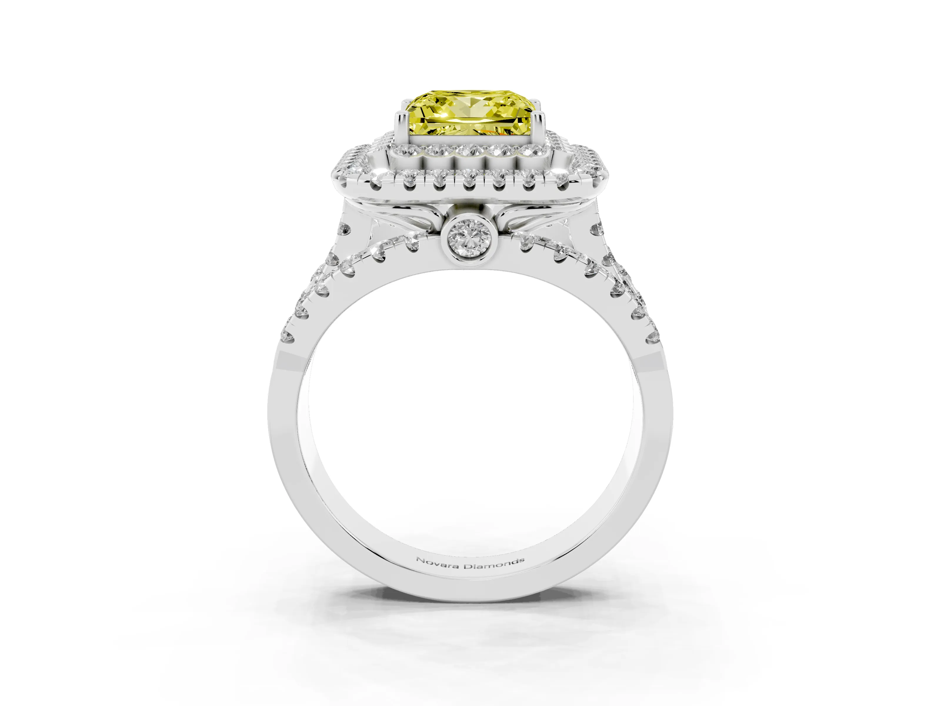 Fancy Yellow Princess Cut Diamond Double Halo Ring Set in White gold with Round Pavé Split Shank