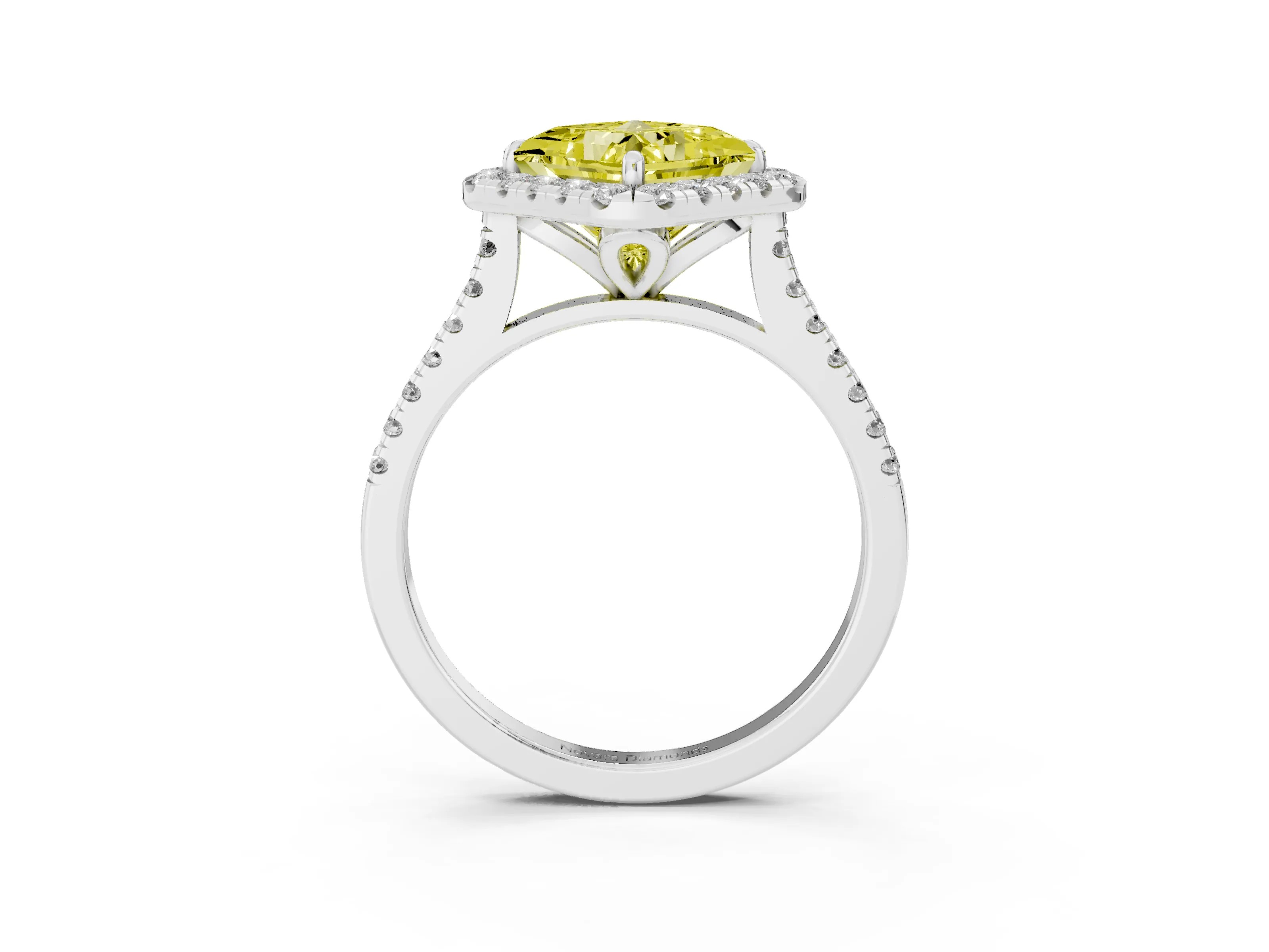 Fancy Yellow Princess Cut Diamond Cushion Halo Ring Set in White gold with Pavé Band