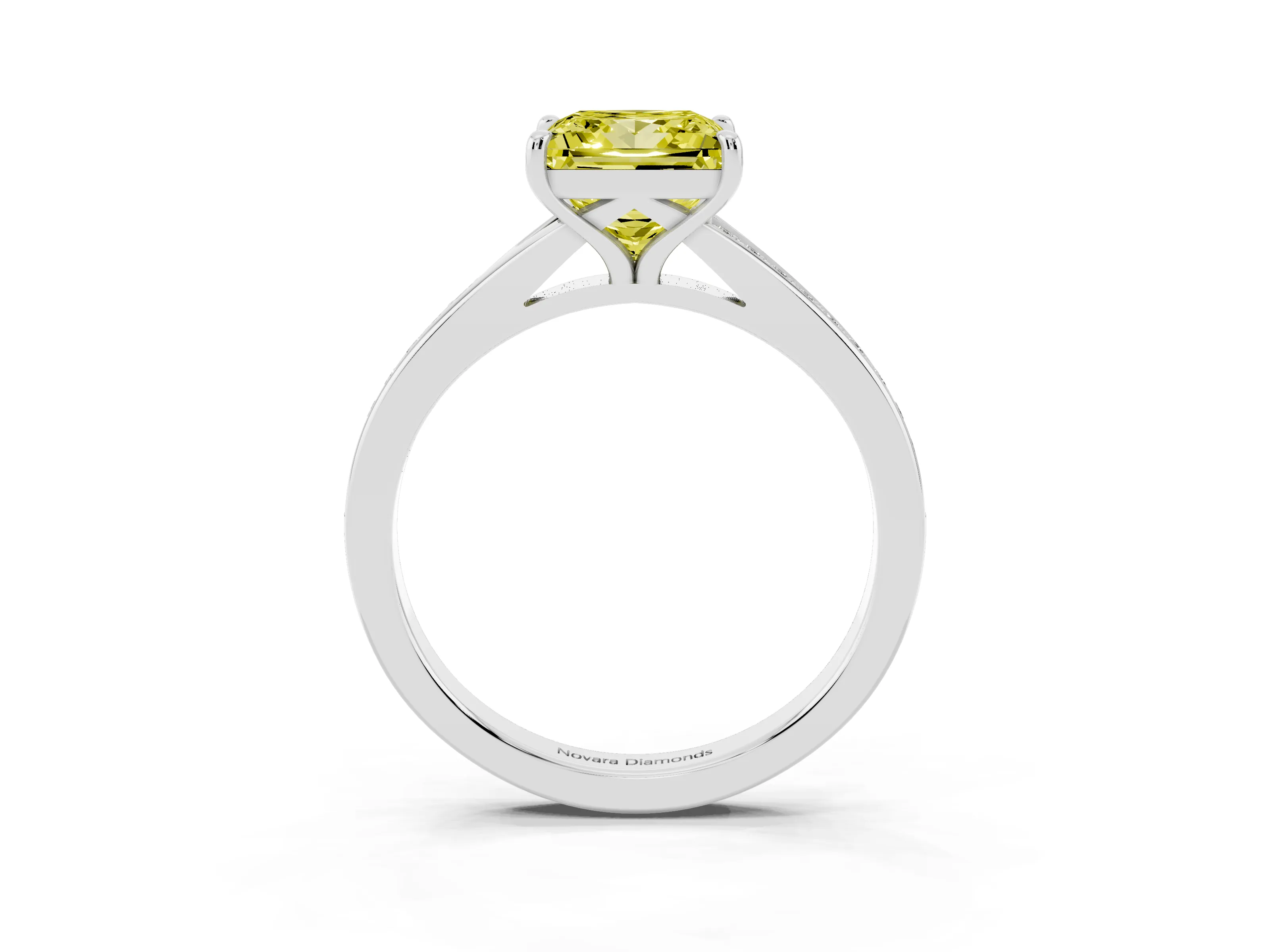 Fancy Yellow Princess Cut Diamond Solitaire Ring Set in Silver with Pavé Accent Band and Classic Prong Setting