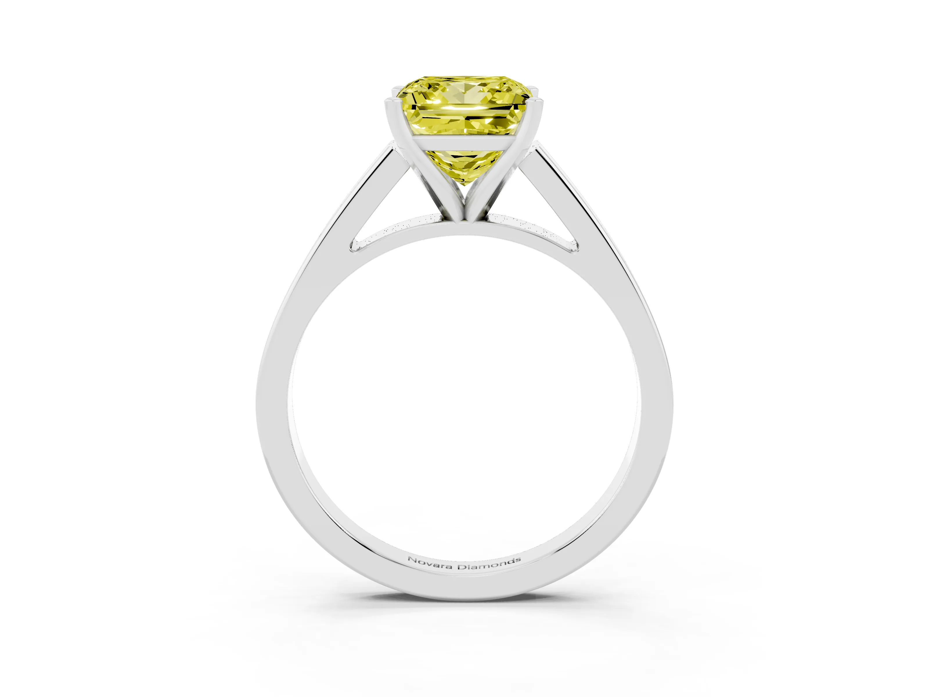 Fancy Yellow Princess Cut Diamond Solitaire Engagement Ring Set in White gold with Prong Setting and Tapered Band