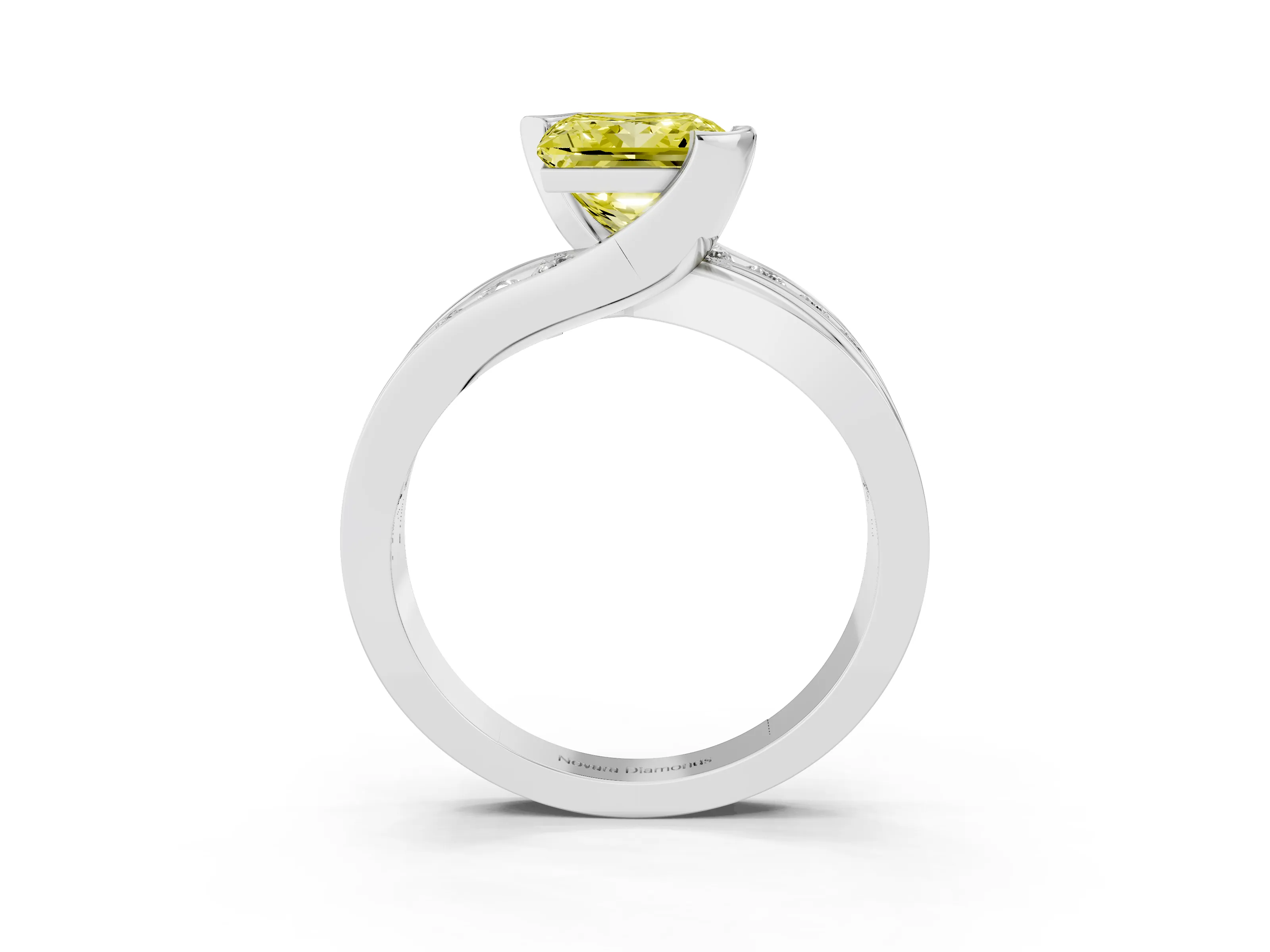 Fancy Yellow Princess Cut Diamond Solitaire Ring Set in Platinum with Channel Set Split Shank and Tension Prongs