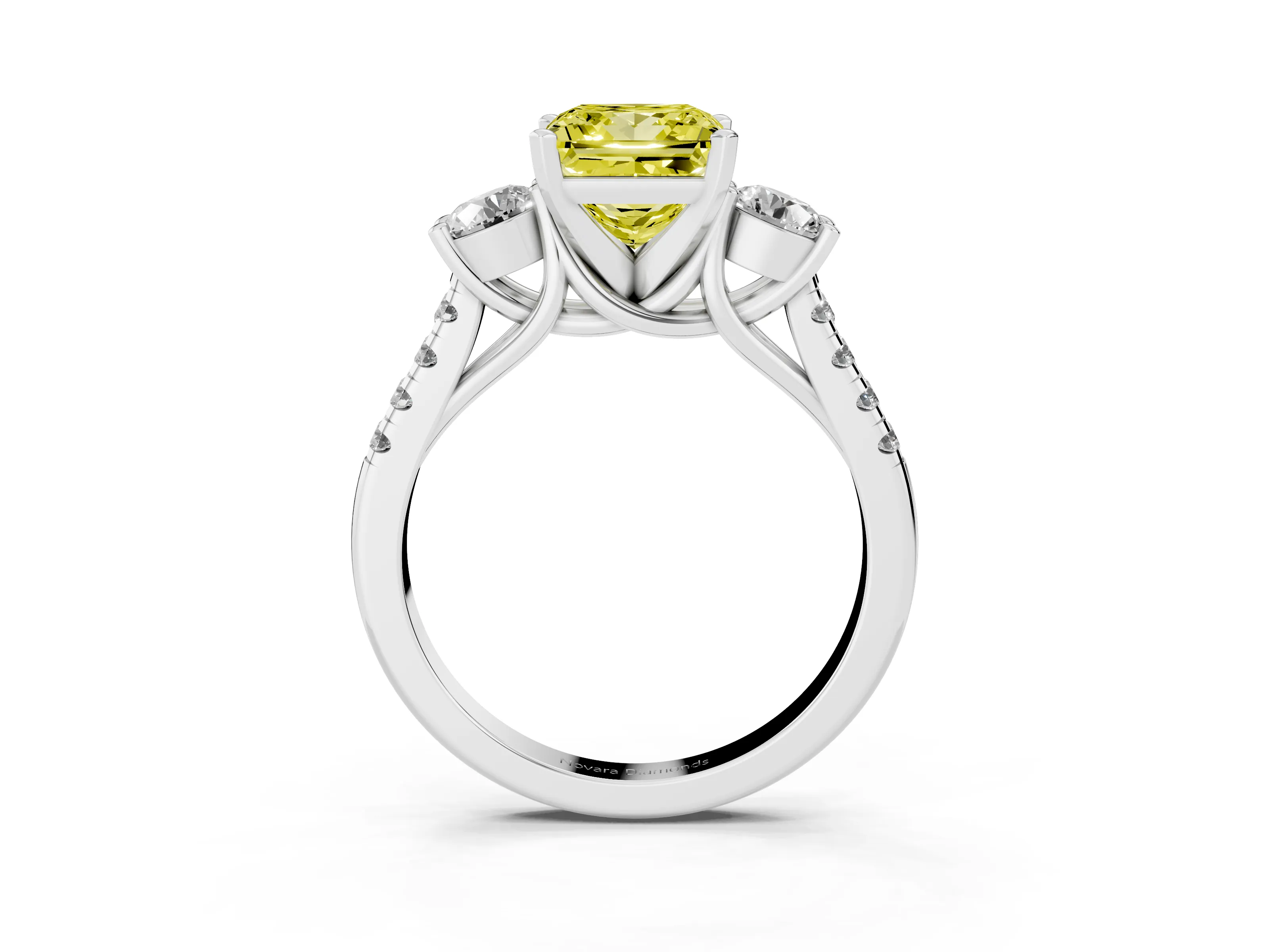 Fancy Yellow Three-Stone Princess Cut Diamond Pavé Band Ring Set in White gold with Prong-Set Trio